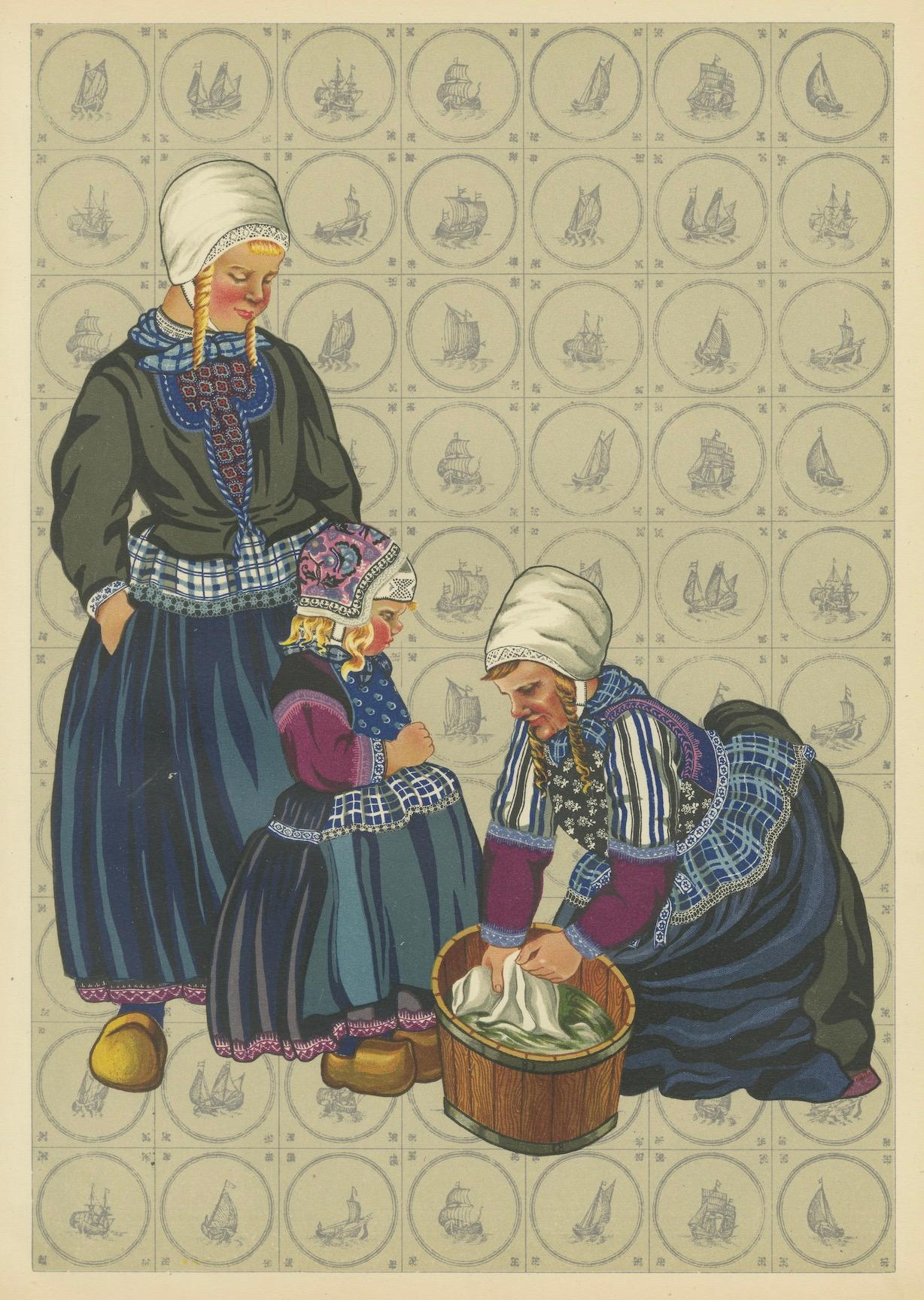 Marken Trauerndes Kleid, Original 1932, niederländischer Kostümdruck im Angebot 1