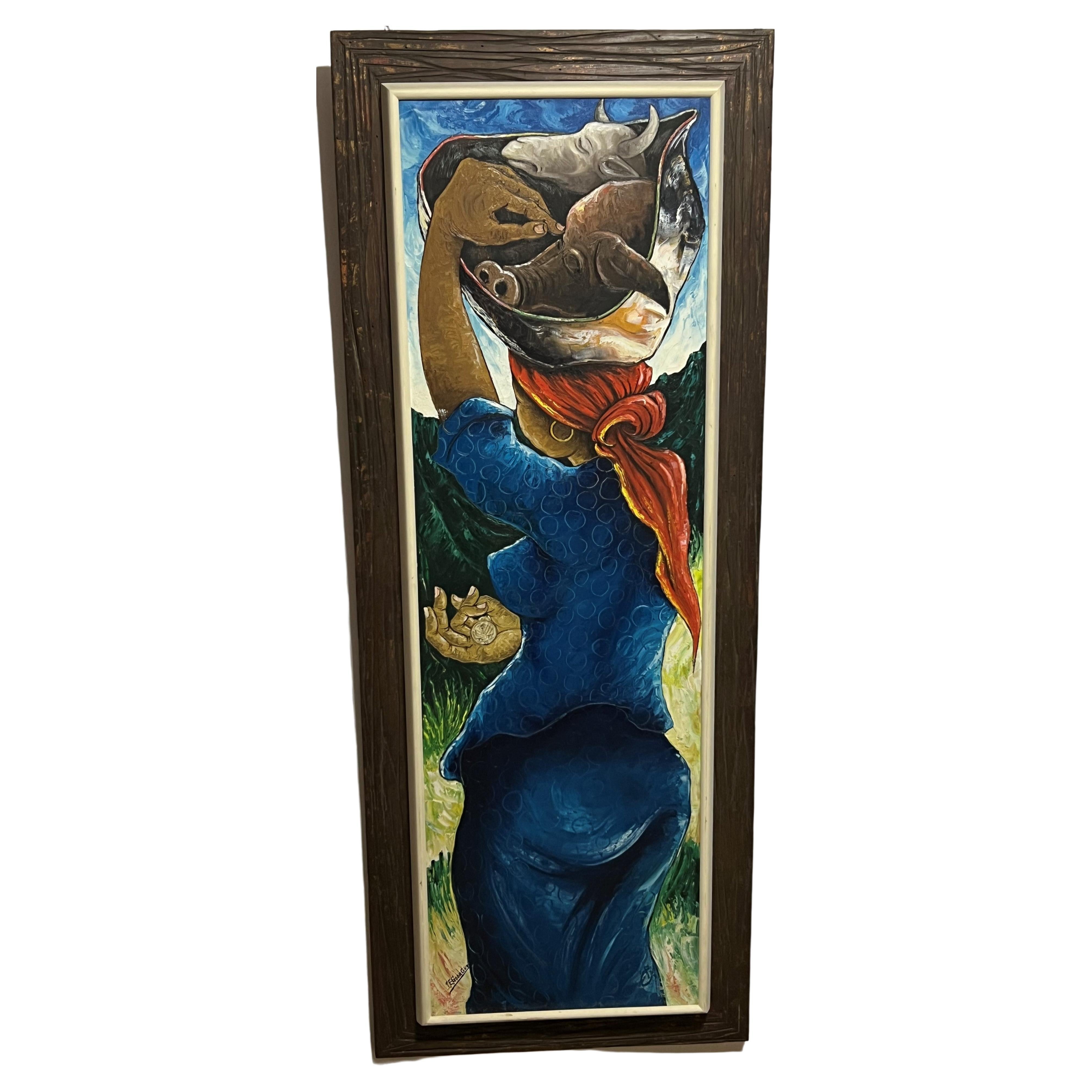 Market Basket Woman with pig and cow head sgnd J.E. Gourgue huge culinary art  For Sale