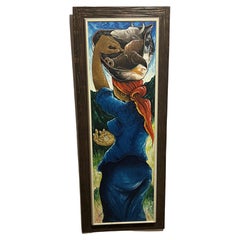 Vintage Market Basket Woman with pig and cow head sgnd J.E. Gourgue huge culinary art 