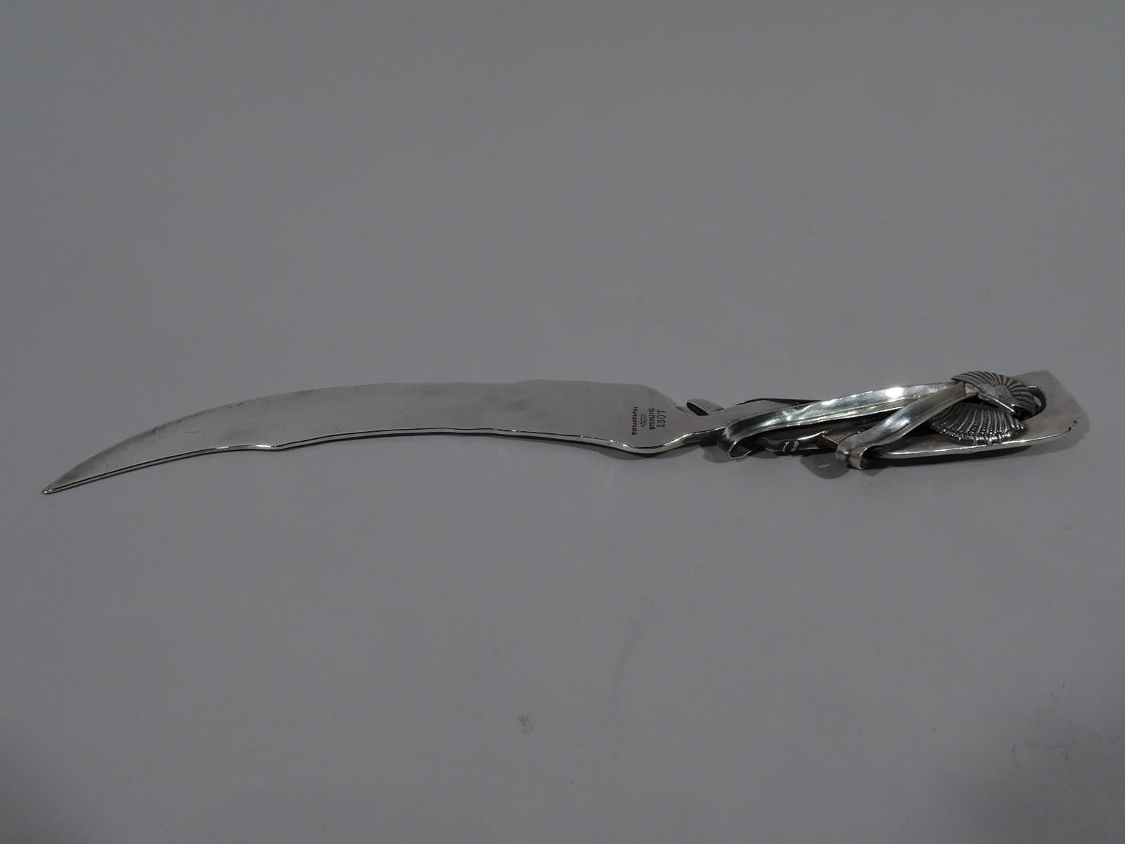 Market-fresh Japonesque sterling silver paper knife. Made by Shiebler for Tiffany & Co. in New York, circa 1890. Samurai-sword scythe blade and double-sided open handle entwined with grass and encrusted with seashells and crab. Blade hand-hammered