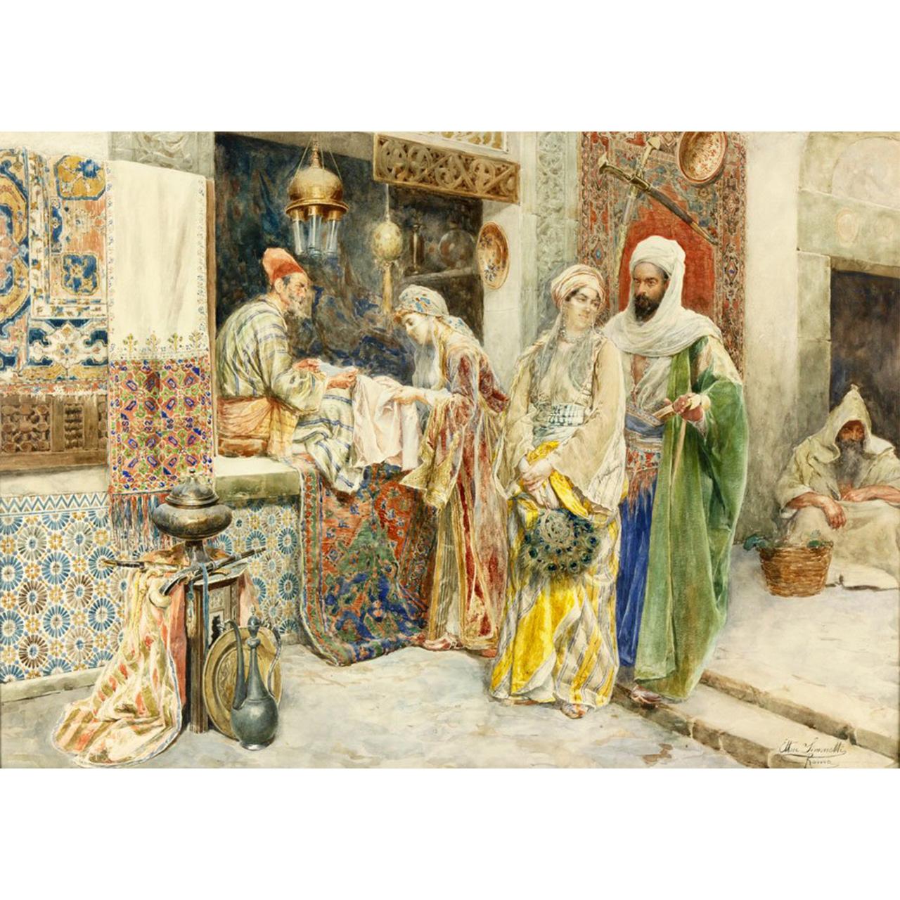 Title: Market Scene Watercolor
Artist: Ettore Simonetti (Italian, 1857-1909)
Medium: watercolor
Signature: signed lower right
Dimension: 22