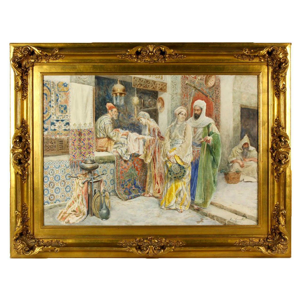 Market Scene by Ettore Simonetti, Signed Watercolor Painting