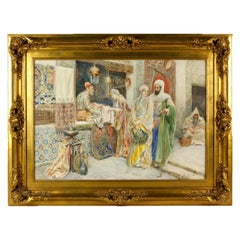 Peinture à l'aquarelle - Scène de marché par Ettore Simonetti, signée
