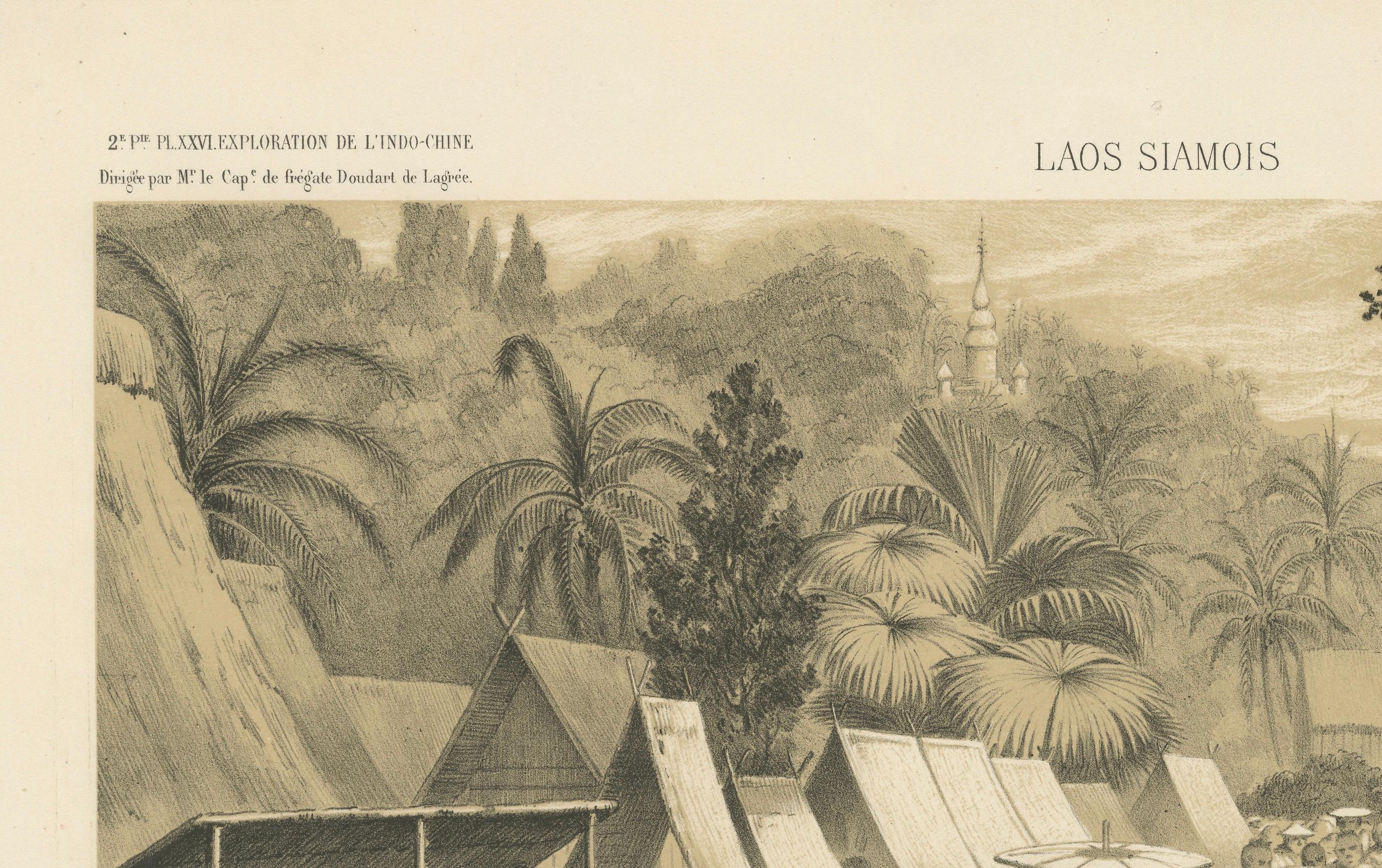 Titre : Rare gravure de 1873 du marché de Luang Prabang par Louis Delaporte  

Description : Cette gravure exquise, intitulée 