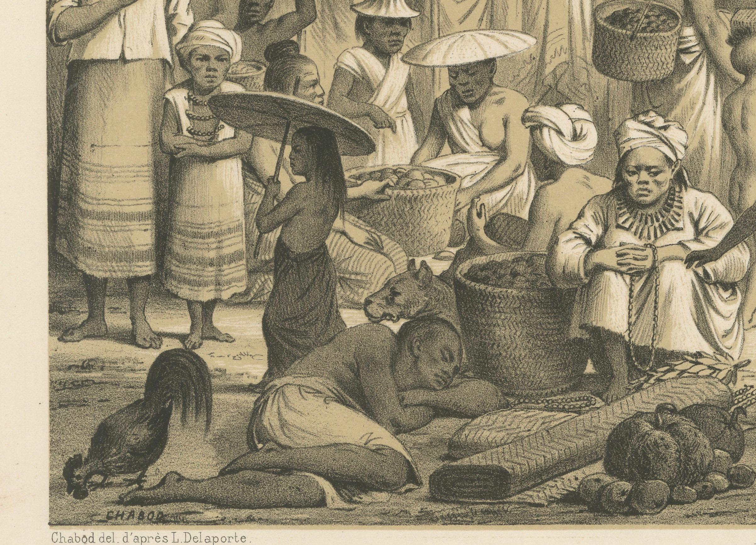 Scène de marché à Luang Prabang, Laos - Gravure historique détaillée, 1873 Bon état - En vente à Langweer, NL