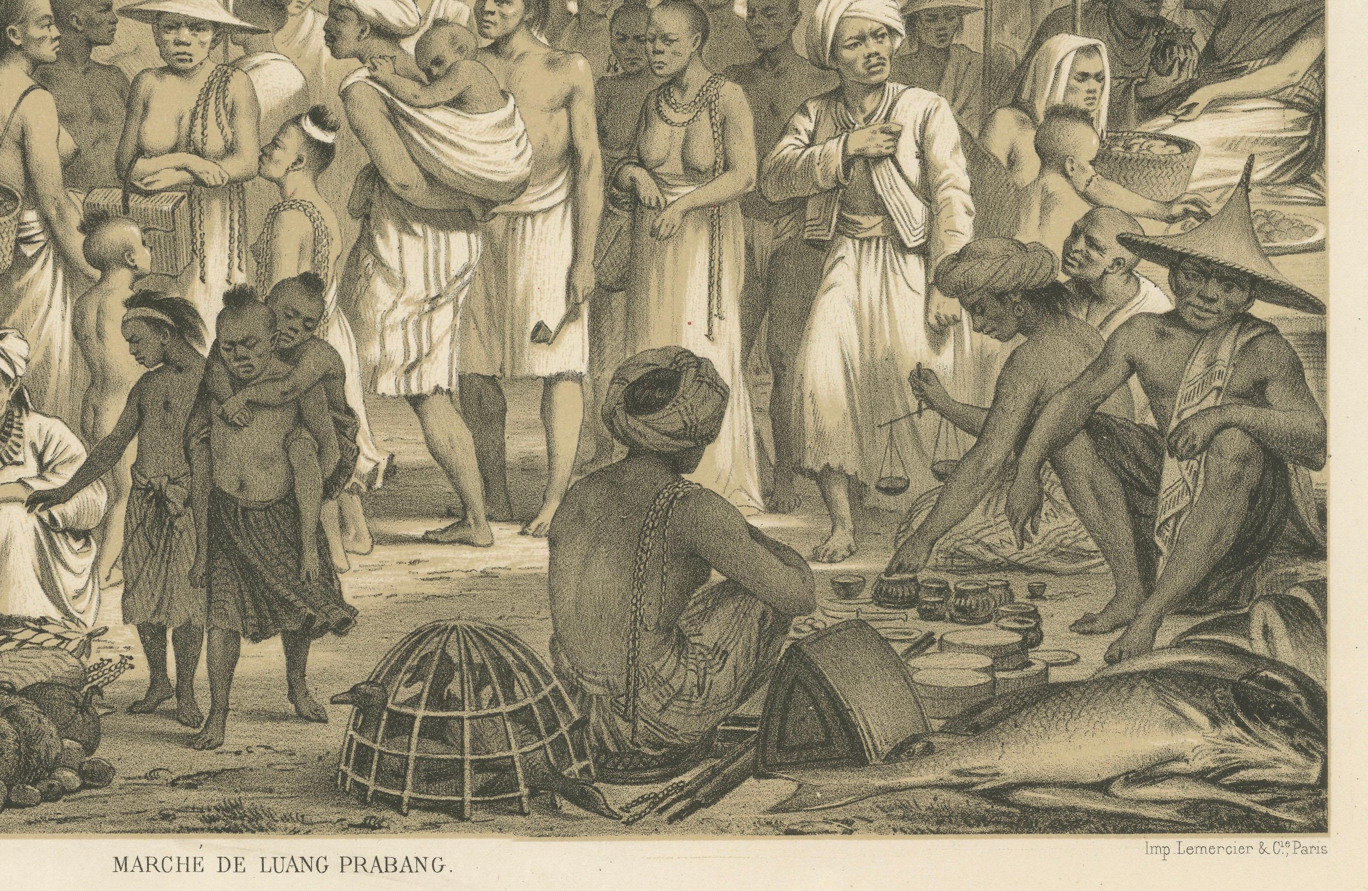 Fin du XIXe siècle Scène de marché à Luang Prabang, Laos - Gravure historique détaillée, 1873 en vente