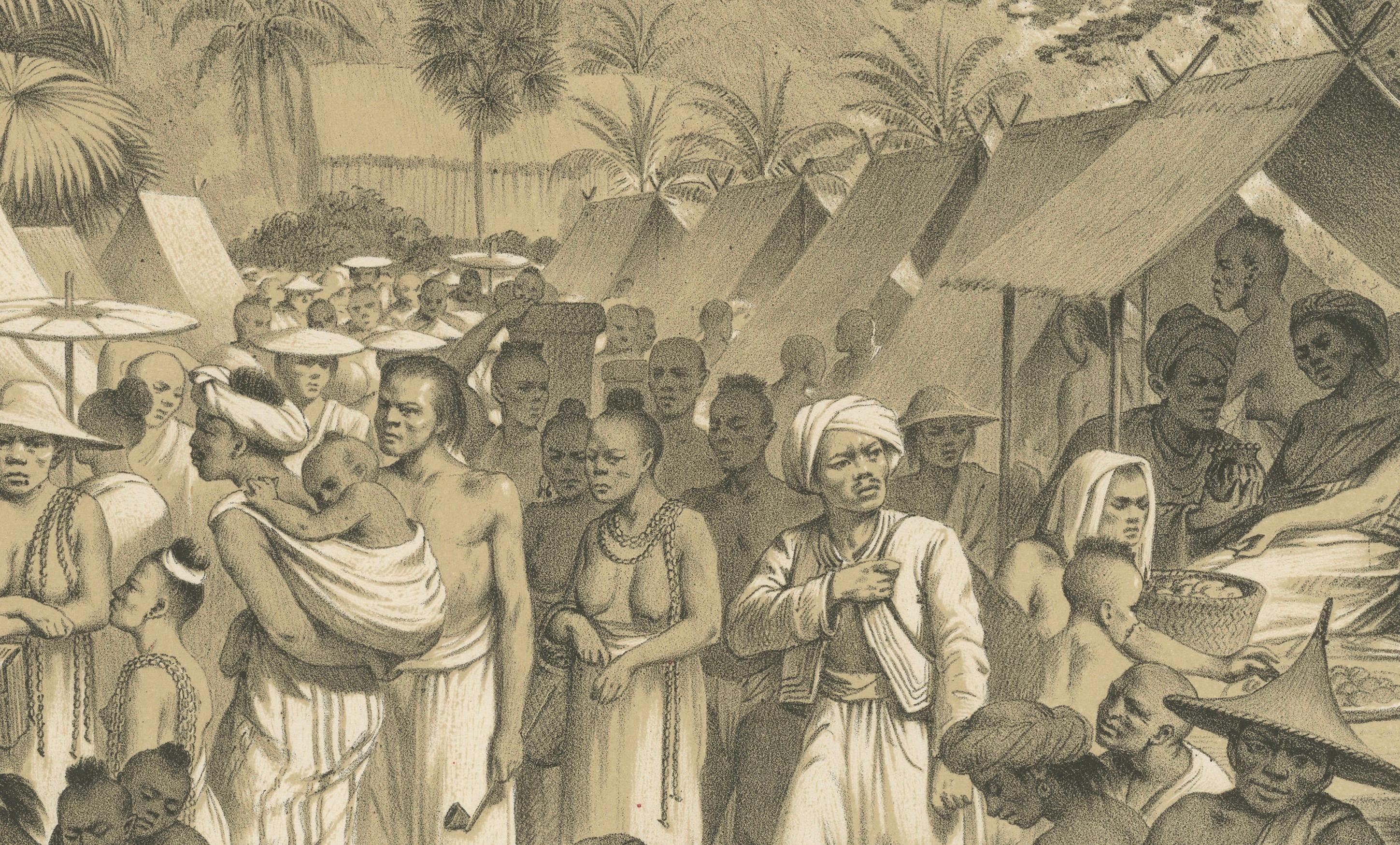Papier Scène de marché à Luang Prabang, Laos - Gravure historique détaillée, 1873 en vente
