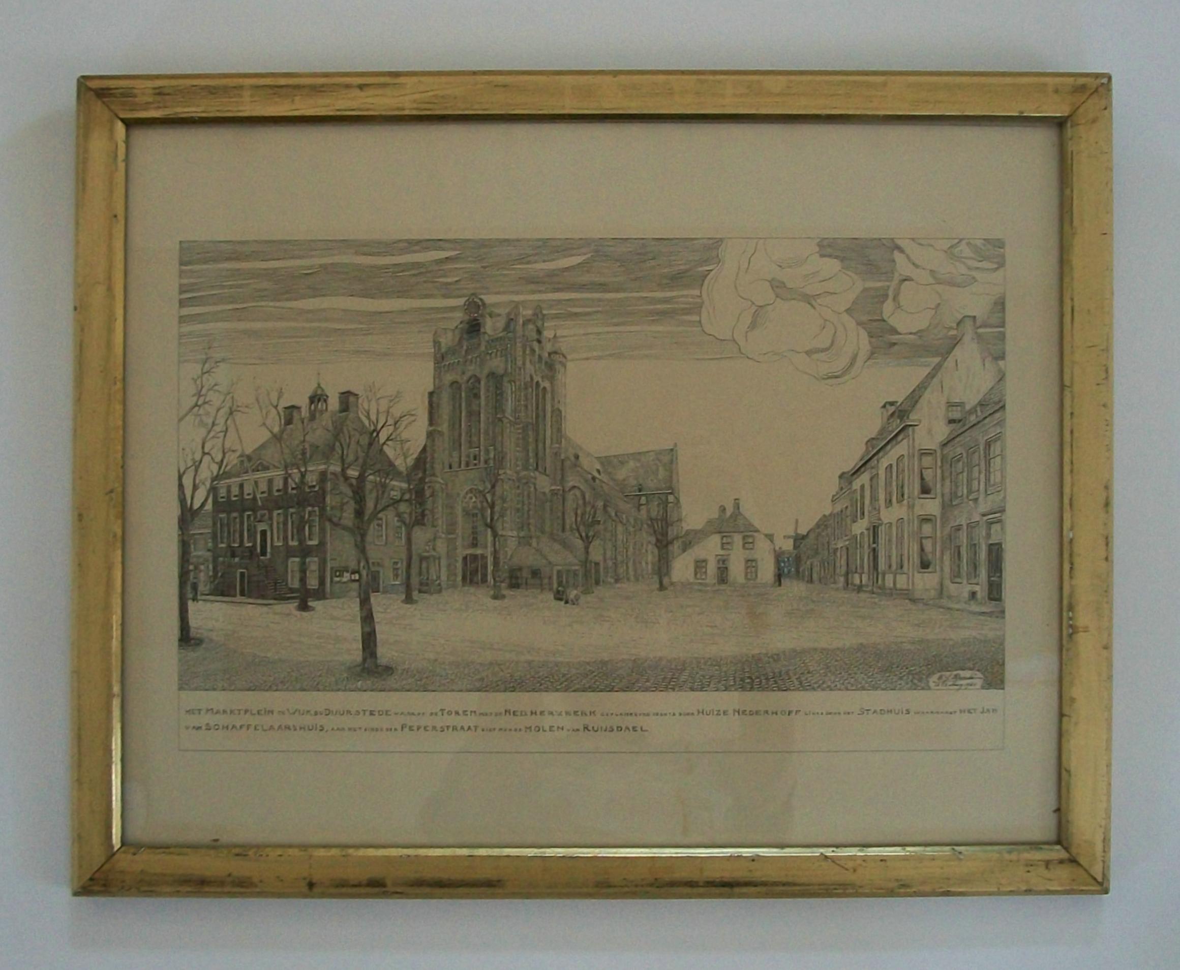 'Market Square in Wijk bij Duurstede' - Vintage lithographic Architectural print on paper with white hand painted highlights - titled (in Dutch) in the lower margin - signed in the print, lower right (F.J Bonlé - unidentified artist/printmaker) -