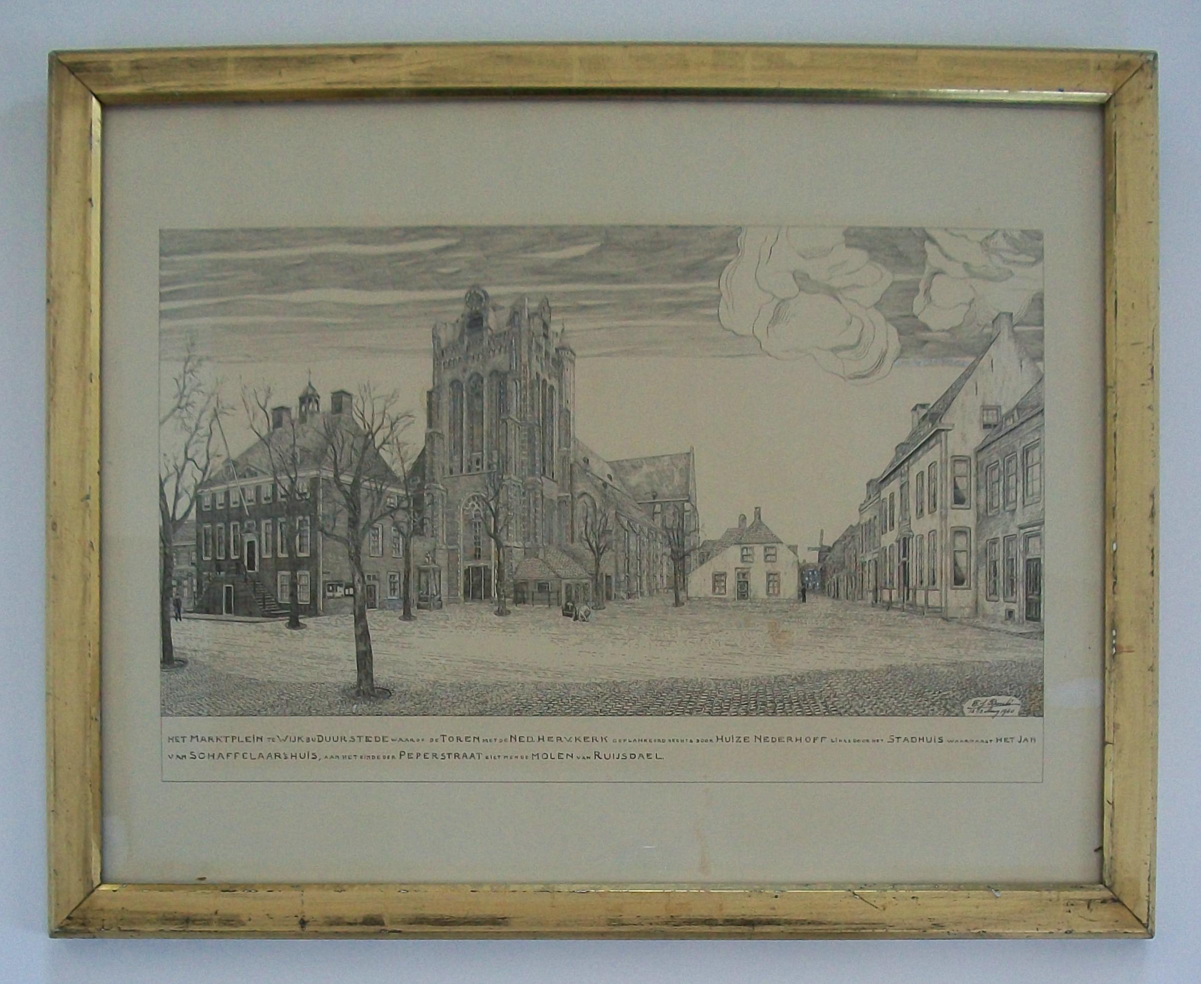Neoclassical Market Square in Wijk bij Duurstede - Lithograph in Water Gilt Frame - C. 1940 For Sale