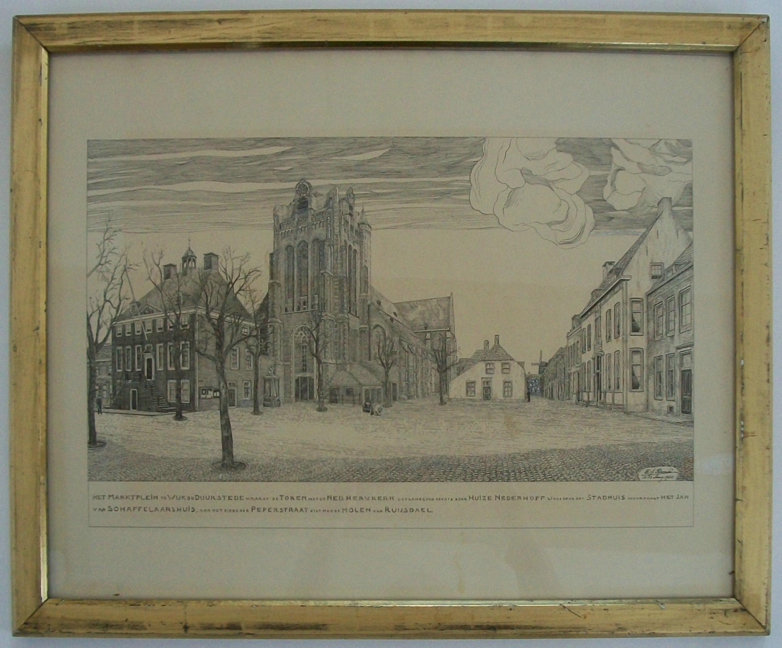 Dutch Market Square in Wijk bij Duurstede - Lithograph in Water Gilt Frame - C. 1940 For Sale