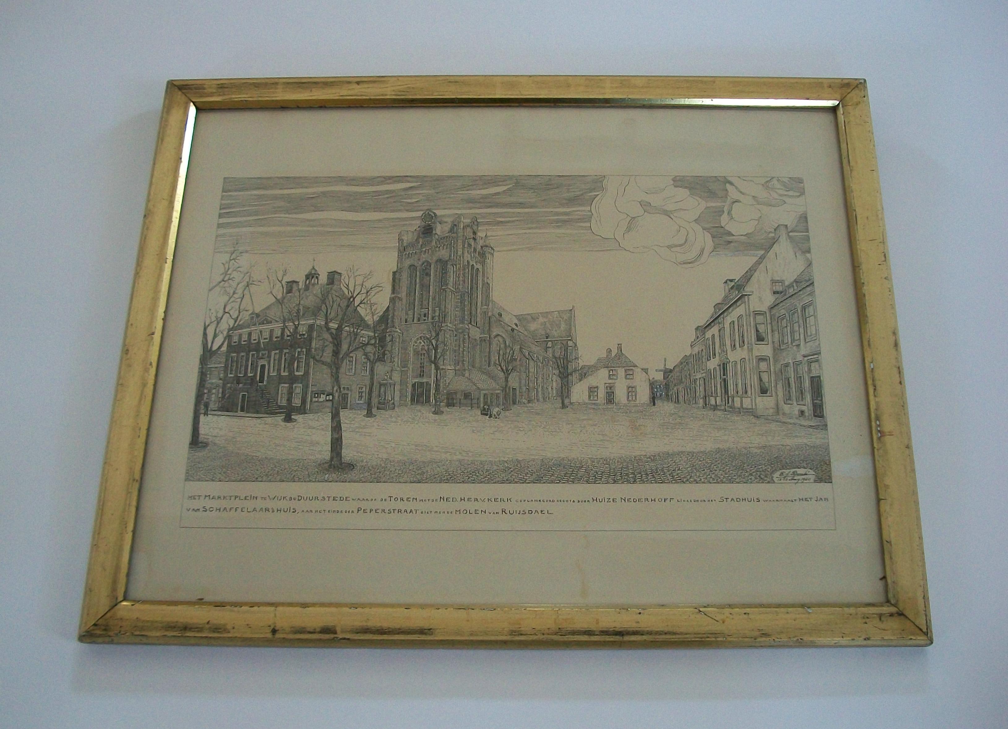 Market Square in Wijk bij Duurstede - Lithograph in Water Gilt Frame - C. 1940 In Good Condition For Sale In Chatham, ON