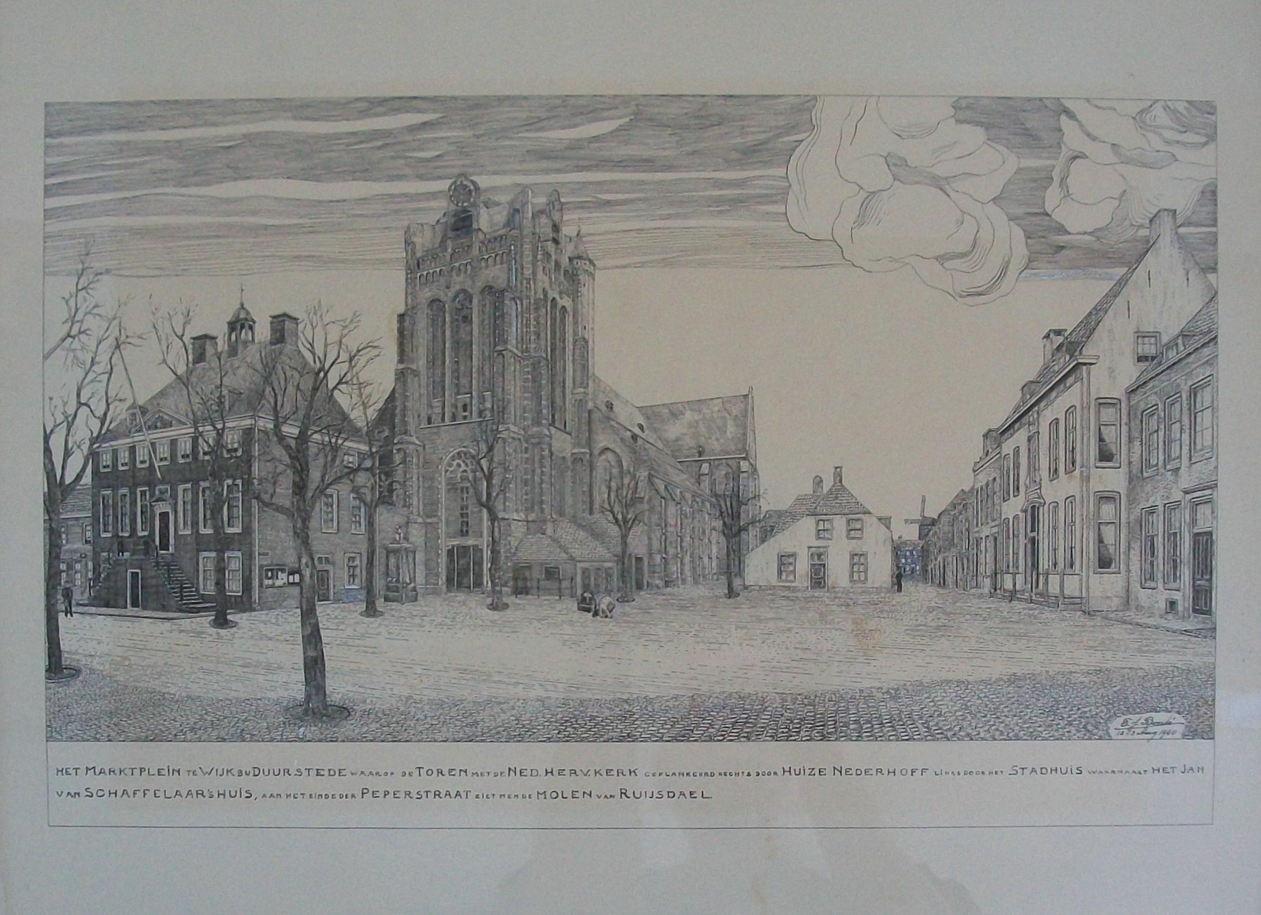 20th Century Market Square in Wijk bij Duurstede - Lithograph in Water Gilt Frame - C. 1940 For Sale