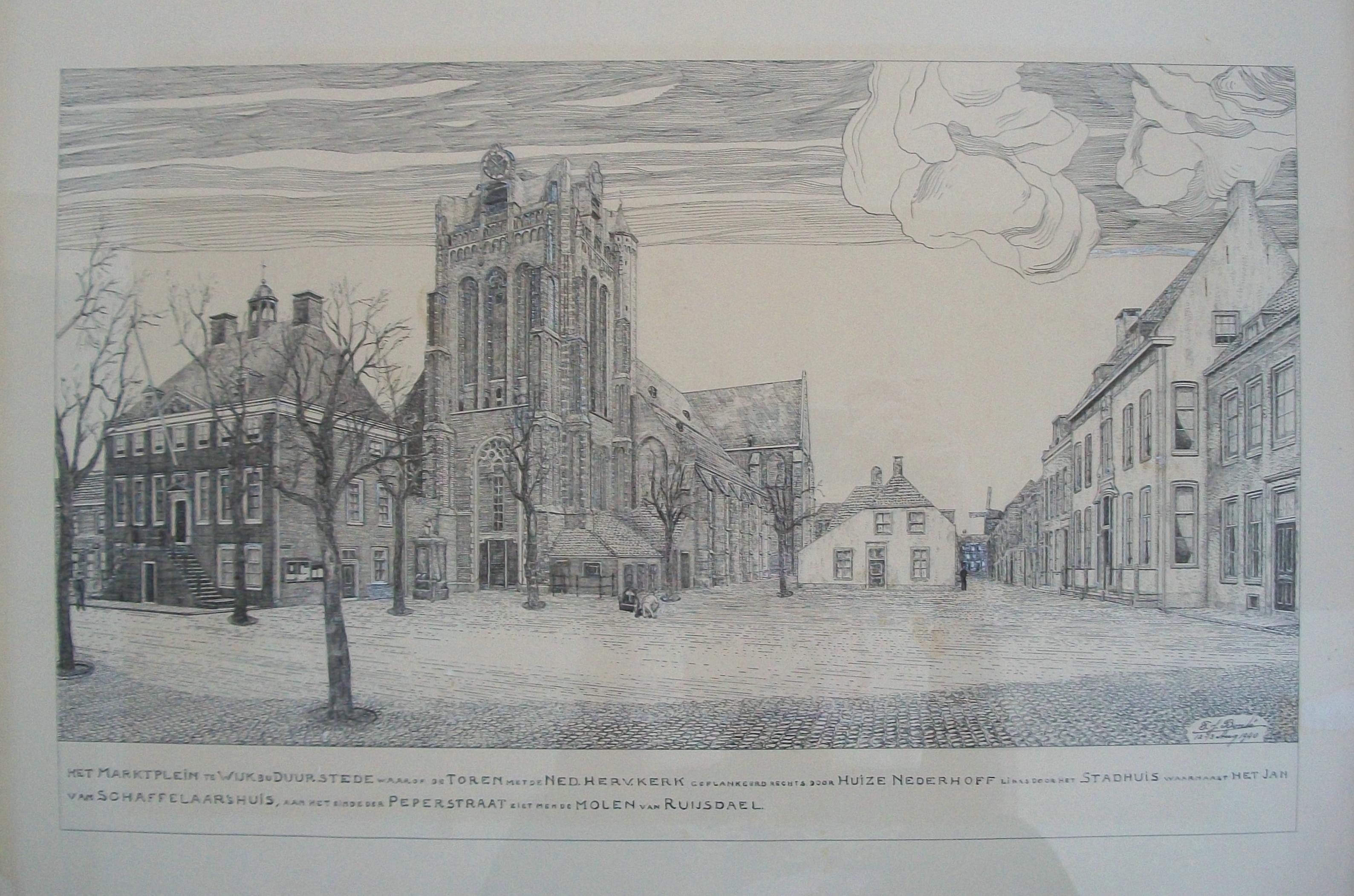 Glass Market Square in Wijk bij Duurstede - Lithograph in Water Gilt Frame - C. 1940 For Sale