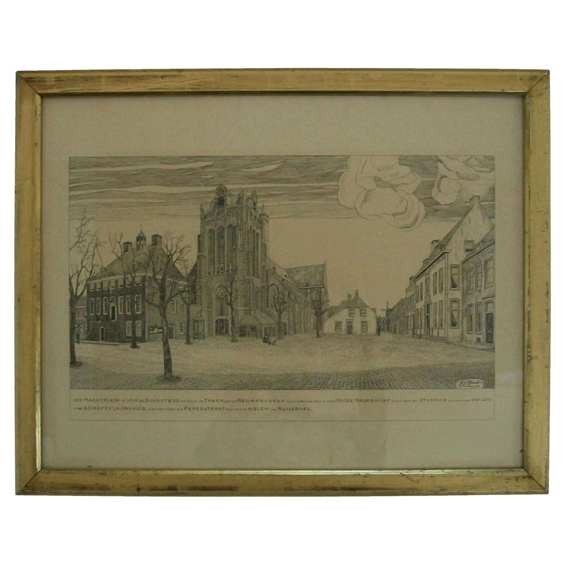 Market Square in Wijk bij Duurstede - Lithograph in Water Gilt Frame - C. 1940 For Sale