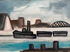 Tugboat on a river with bridge and buildings. Title - Tugboat on the River