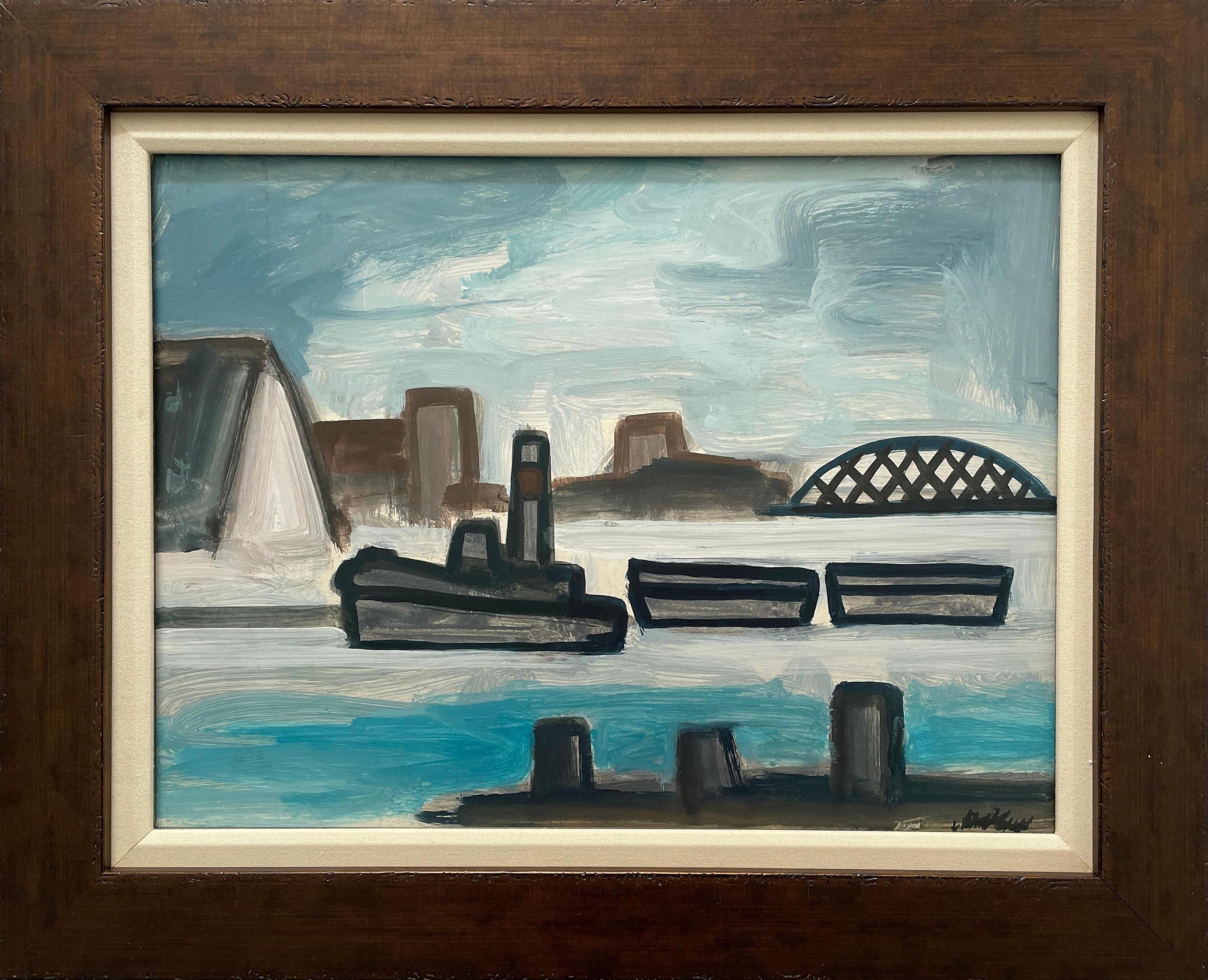 Markey Robinson Landscape Painting - Tugboat on a river with bridge and buildings. Title - Tugboat on the River