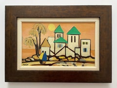 Women in shawls approaching a village. Title - Village of Green Towers