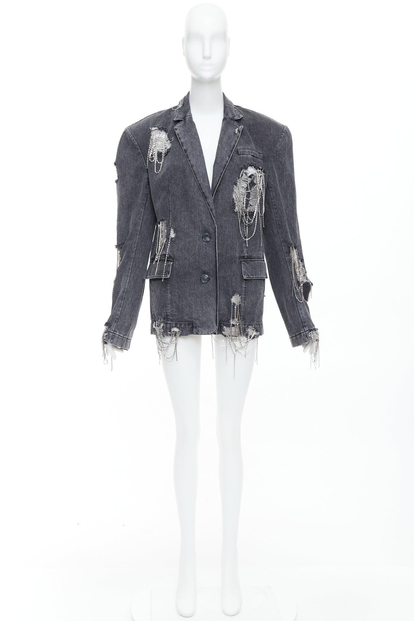 MARKGONG blazer grigio in denim con catena e perline trasparenti FR36 S in vendita 5