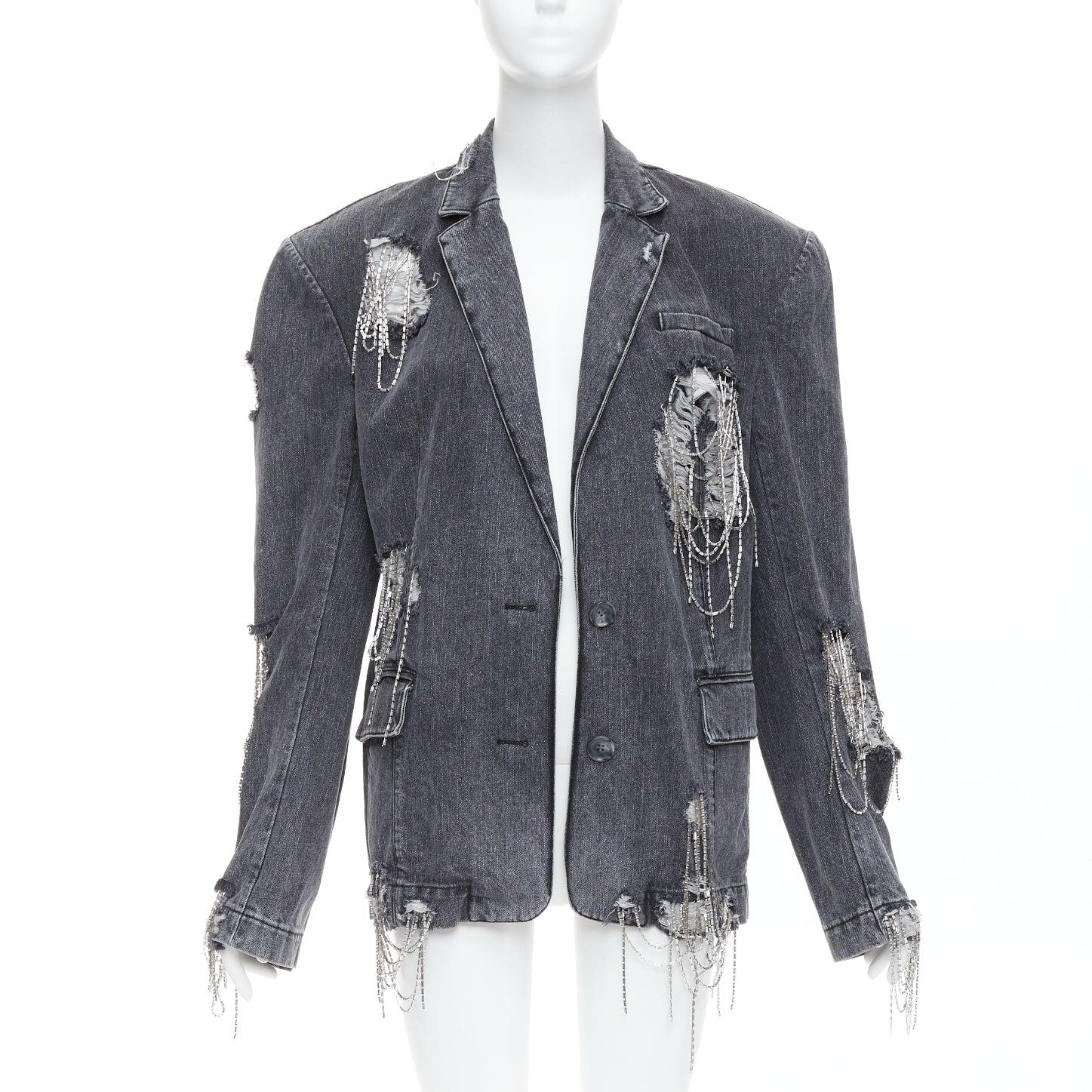 Grigio MARKGONG blazer grigio in denim con catena e perline trasparenti FR36 S in vendita