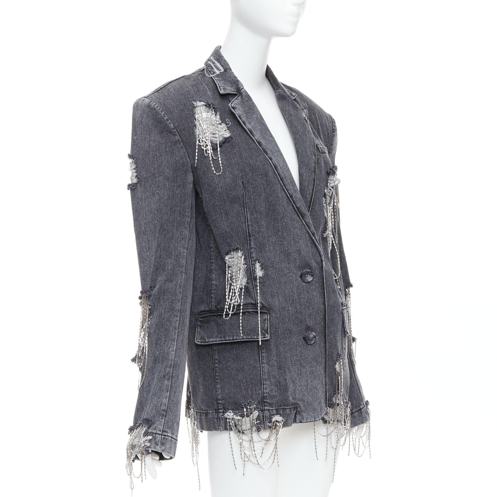 MARKGONG blazer grigio in denim con catena e perline trasparenti FR36 S In condizioni buone in vendita a Hong Kong, NT