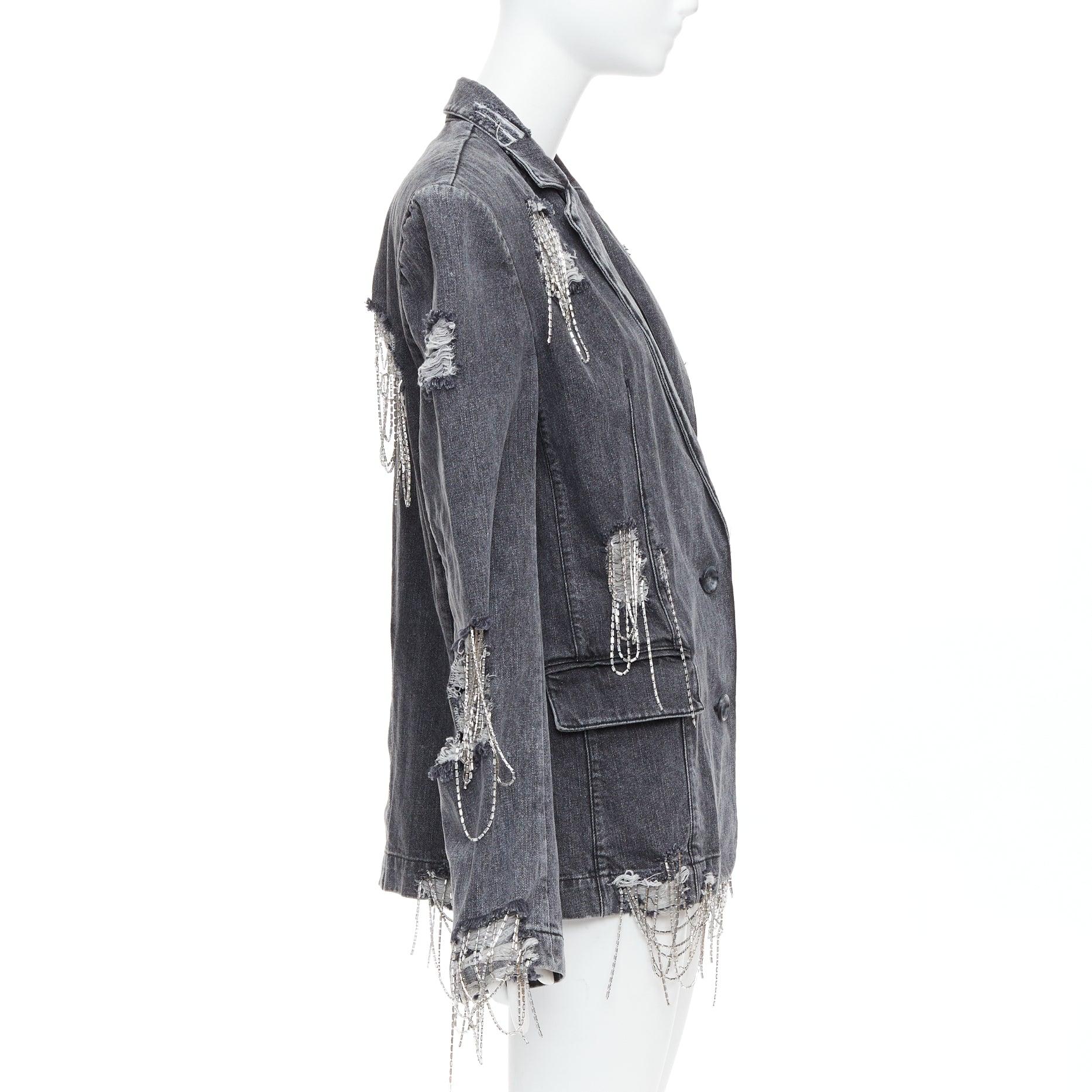 Donna MARKGONG blazer grigio in denim con catena e perline trasparenti FR36 S in vendita