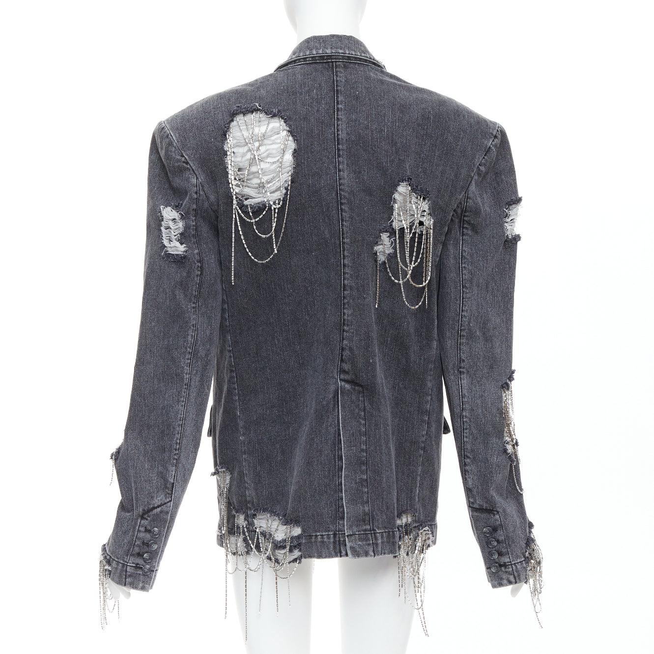 MARKGONG blazer grigio in denim con catena e perline trasparenti FR36 S in vendita 1