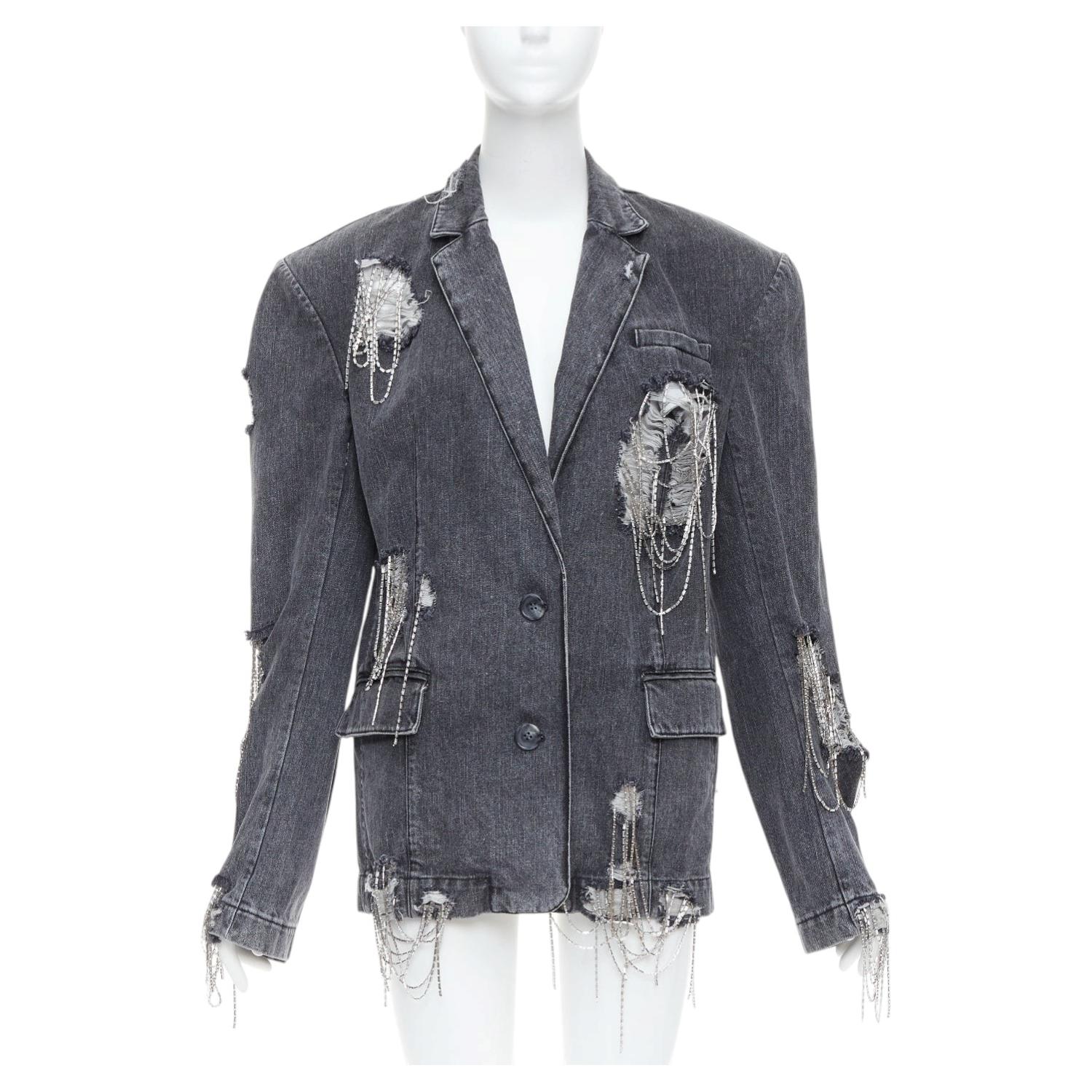 MARKGONG grey denim clear beads chain embellished blazer FR36 S For Sale