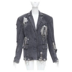 MARKGONG grey denim clear beads chain embellished blazer FR36 S