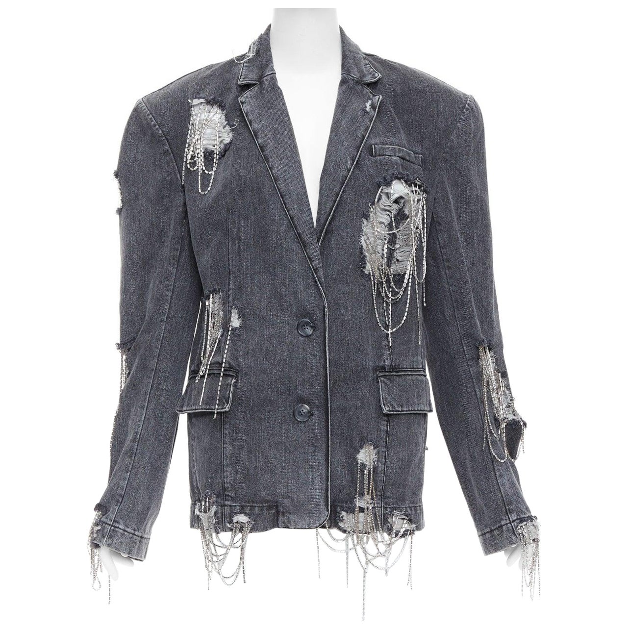 MARKGONG blazer grigio in denim con catena e perline trasparenti FR36 S in vendita