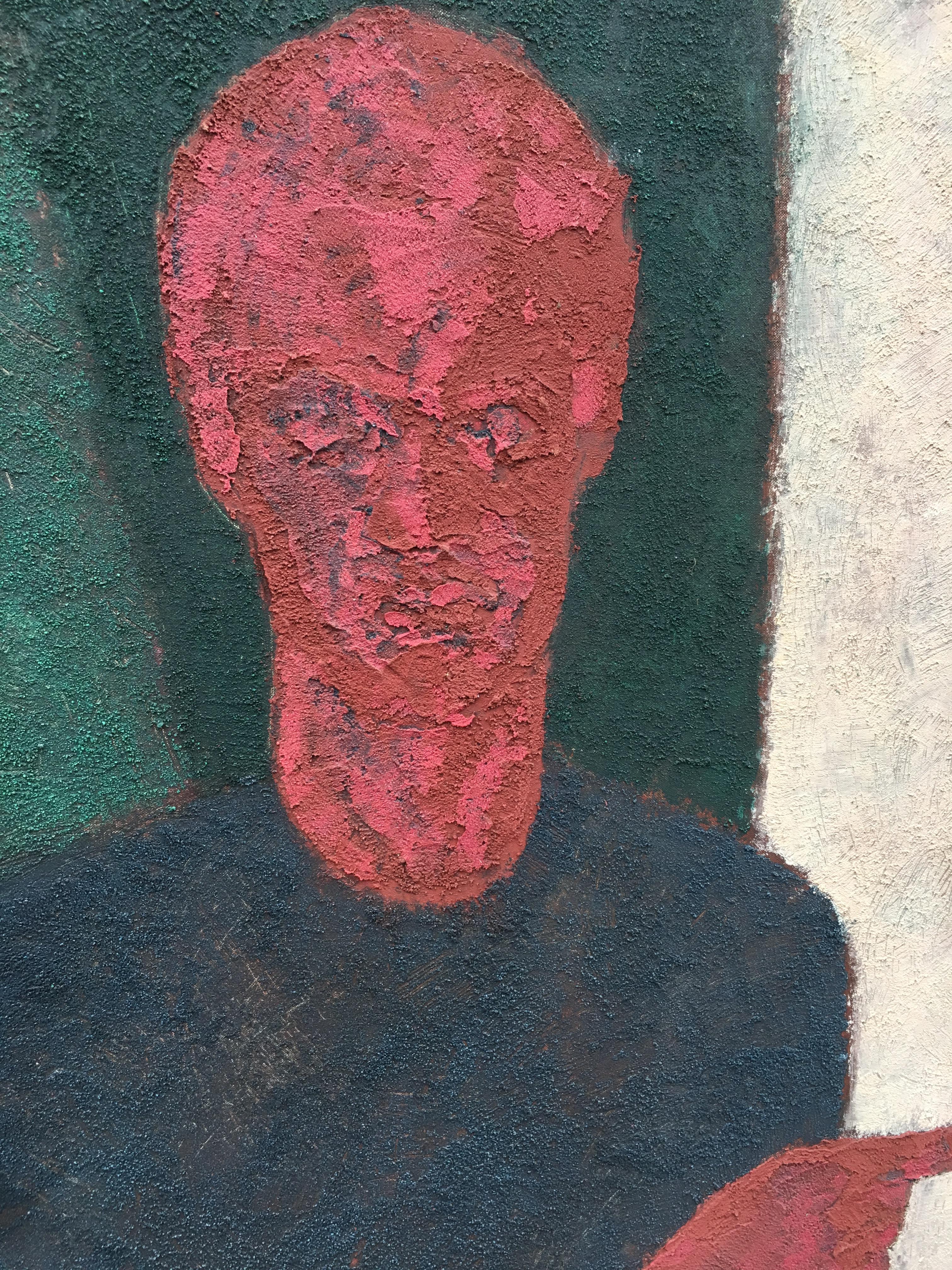 Marko Milovanovic self-portrait red and green with raised finger, painting and pigments, signed below and dated 1991.