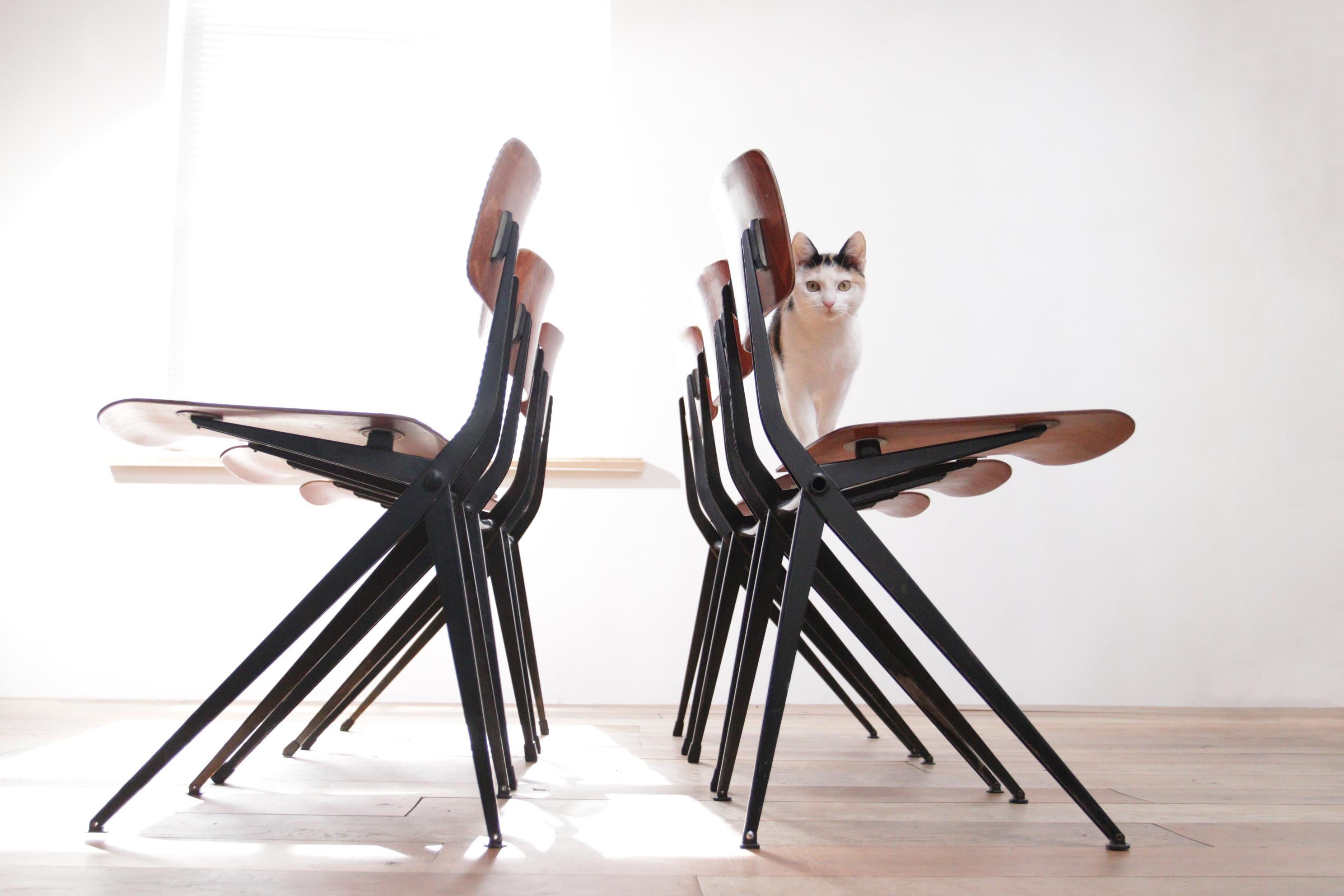 Wonderfull designed chairs by Ynske Kooistra for Marko in the 60s
Compass shape legs.
This design was inspired by the designs of Jean Prouve, which inspired several designers at the time.
The frame is made of steel and the seat is made of