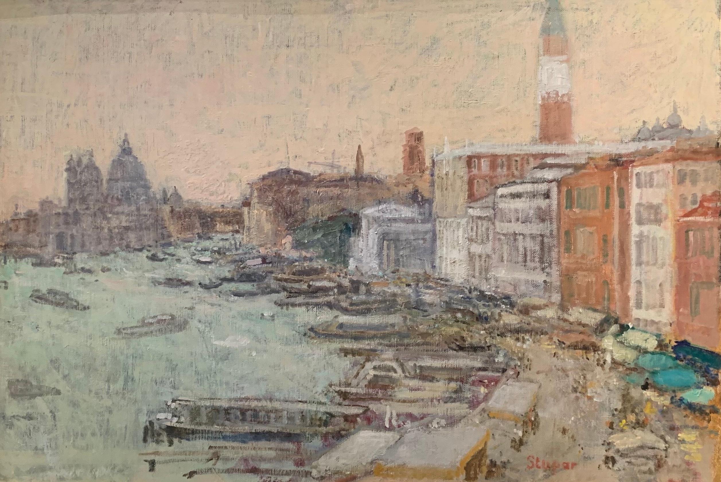 'St Marks Campanile' Romantic Venetian Painting of Venice with iconic view, boat For Sale 2