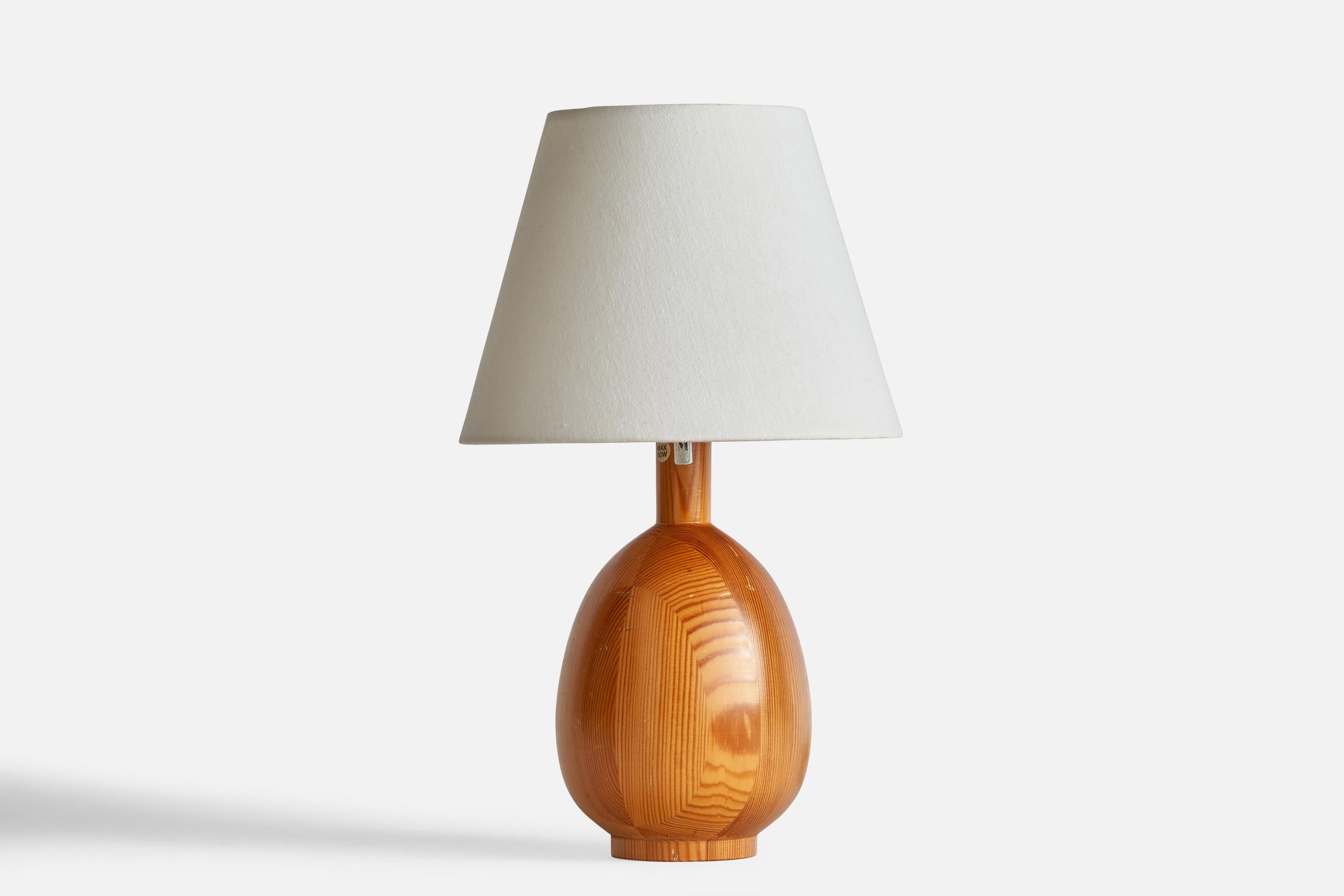 A pine table lamp designed and produced by Markslöjd, Sweden, 1970s.

Dimensions of Lamp (inches): 11.5” H x 5.5” Diameter
Dimensions of Shade (inches): 5.5” Top Diameter x 9.5” Bottom Diameter x 9.9