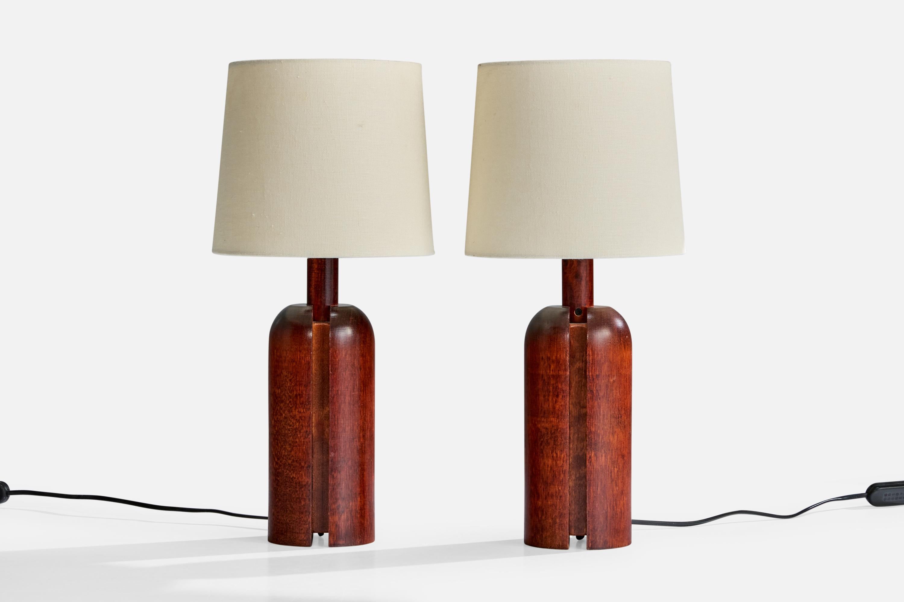 Coppia di lampade da tavolo in pino tinto scuro prodotte da Markslöjd, Kinna, Svezia, anni '80 circa.

Dimensioni del paralume (in pollici): 7