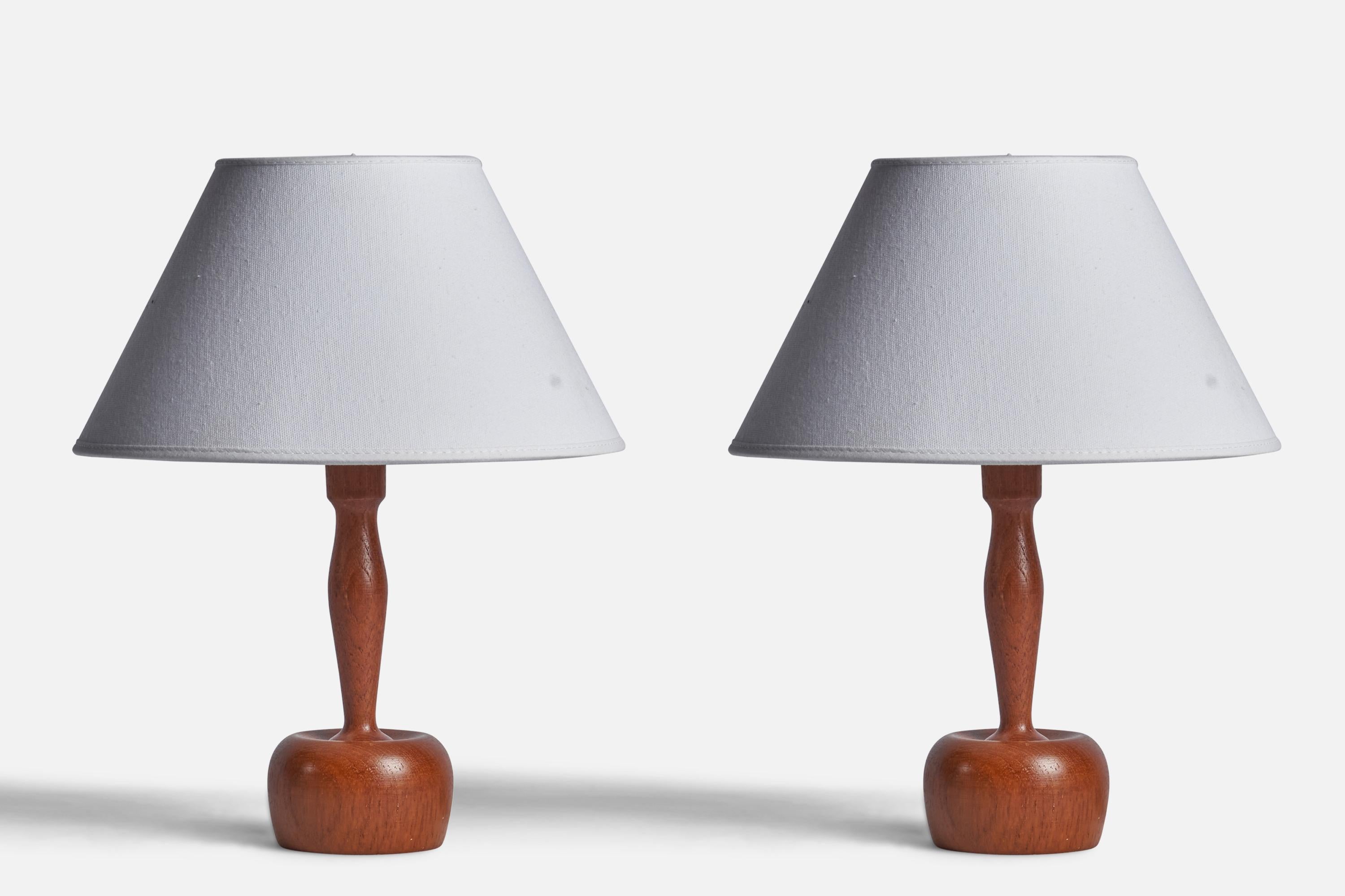 A pair of turned teak table lamps designed and produced by Markslöjd, Kinna, Sweden, 1960s.

Dimensions of Lamp (inches): 9.25” H x 3.35” Diameter
Dimensions of Shade (inches): 4.5” Top Diameter x 10” Bottom Diameter x 5.25” H 
Dimensions of Lamp