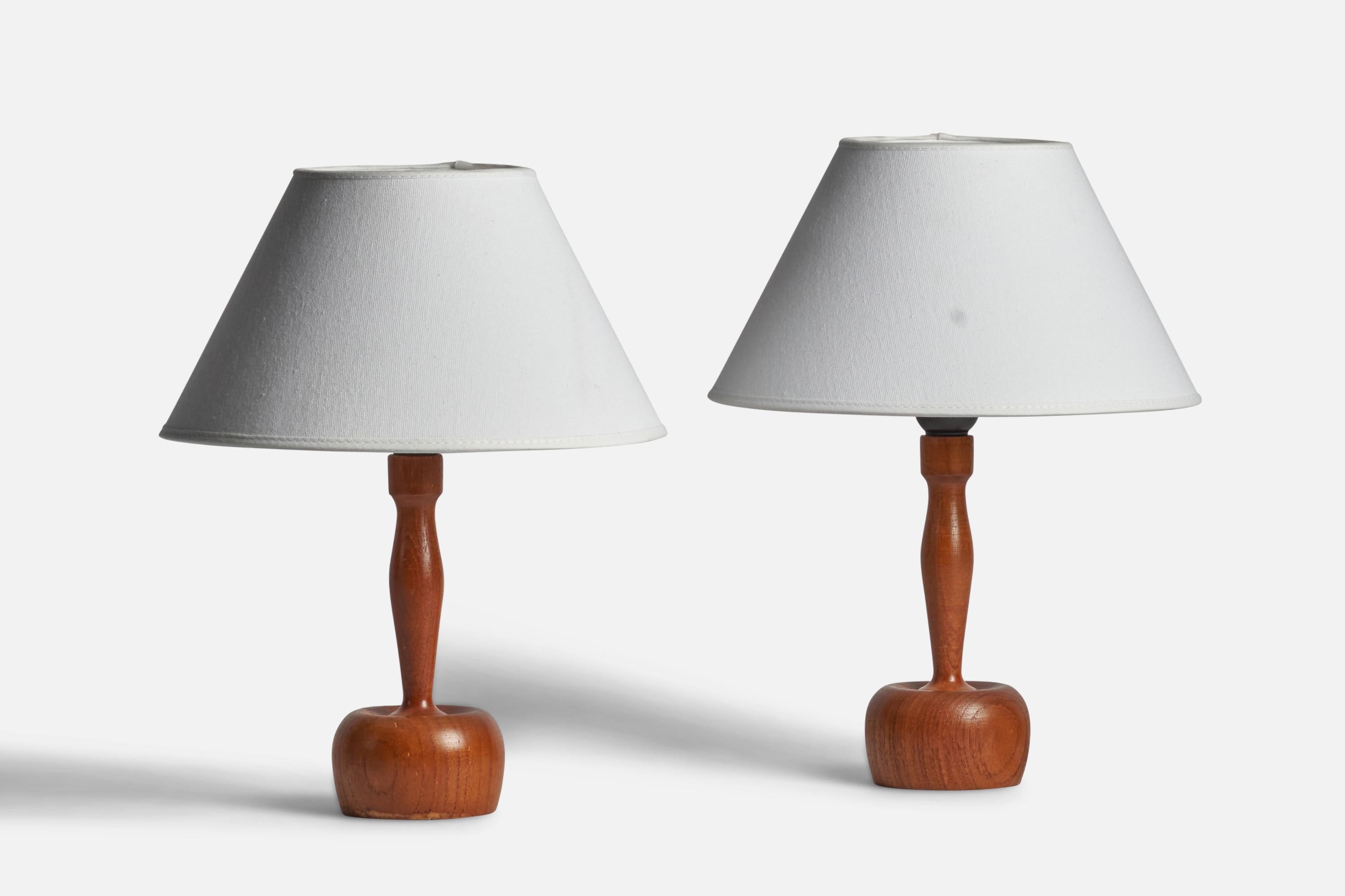 A pair of turned teak table lamps designed and produced by Markslöjd, Kinna, Sweden, 1960s.

Dimensions of Lamp (inches): 9.25” H x 3.35” Diameter
Dimensions of Shade (inches): 4.5” Top Diameter x 10” Bottom Diameter x 5.25” H 
Dimensions of Lamp