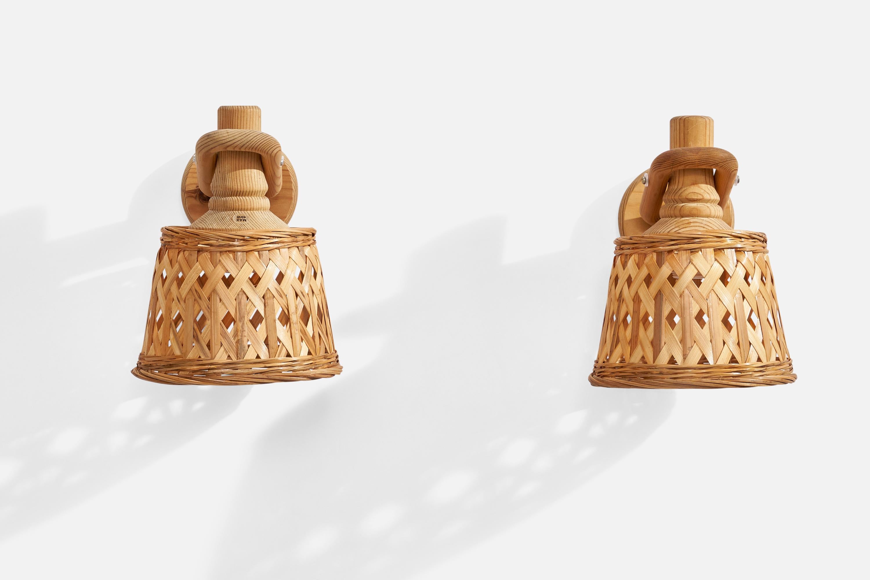 Swedish Markslöjd, Wall Lights, Pine, Rattan, Sweden, 1970s For Sale