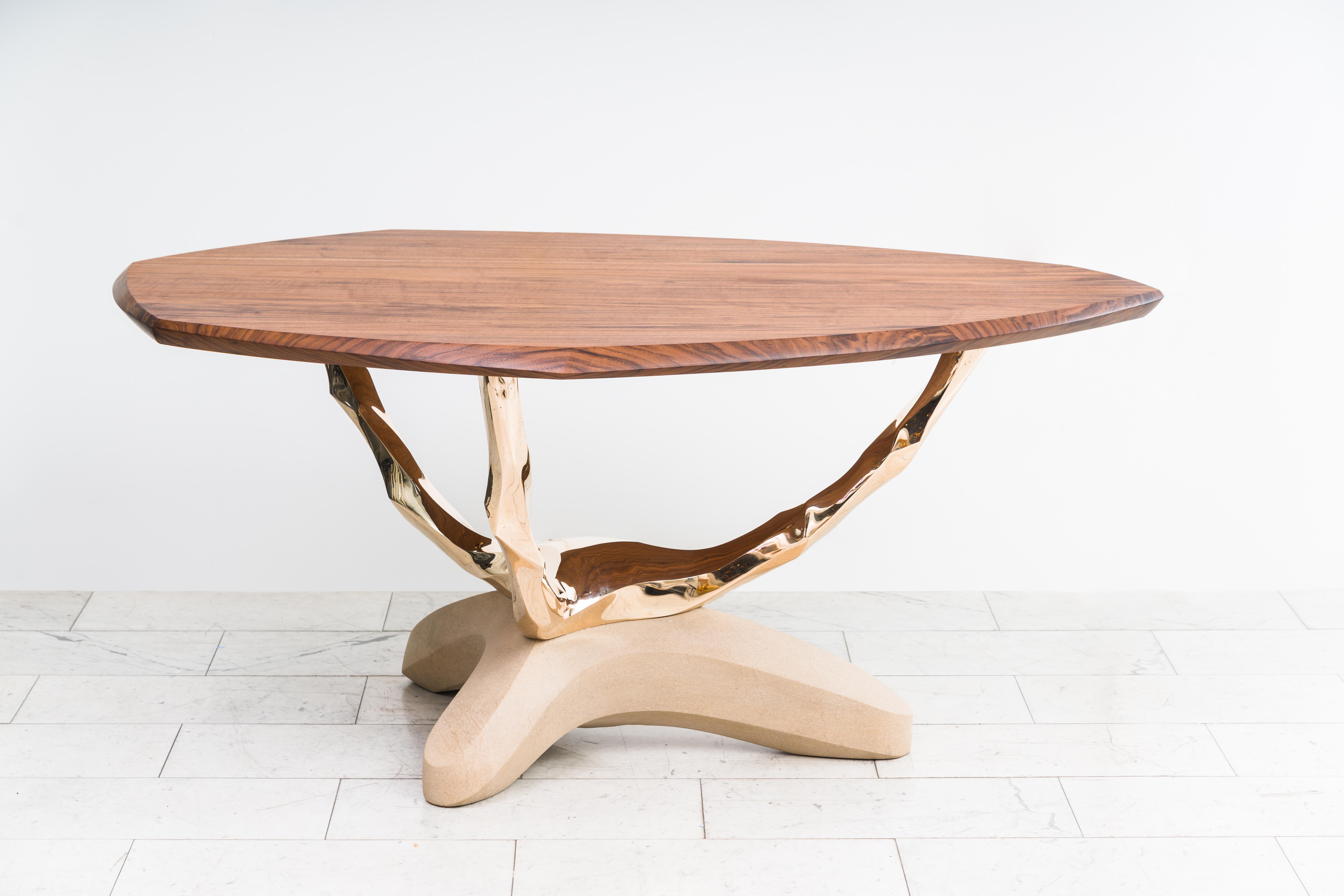 Markus Haase, Bronze, Walnut, and Limestone Foyer Table, Usa In New Condition For Sale In New York, NY