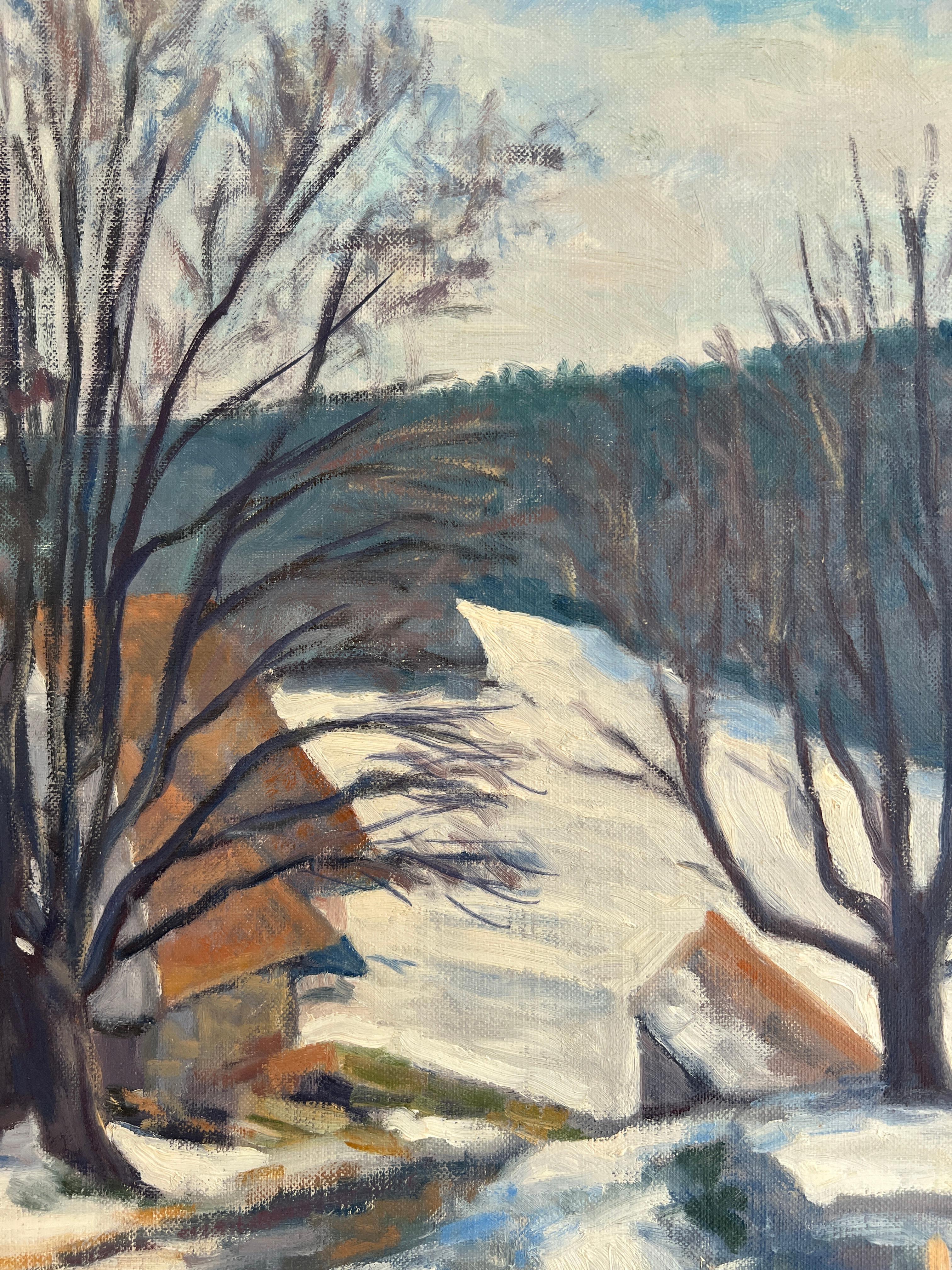 Arbeiten auf Leinwand
Silberner Holzrahmen
64.5 x 91.5 x 3 cm


Dieses fesselnde Werk, eine Winterlandschaft, illustriert meisterhaft die Ruhe und Schönheit eines verschneiten Dorfes. Der Künstler hat jedes Detail mit bemerkenswerter Präzision
