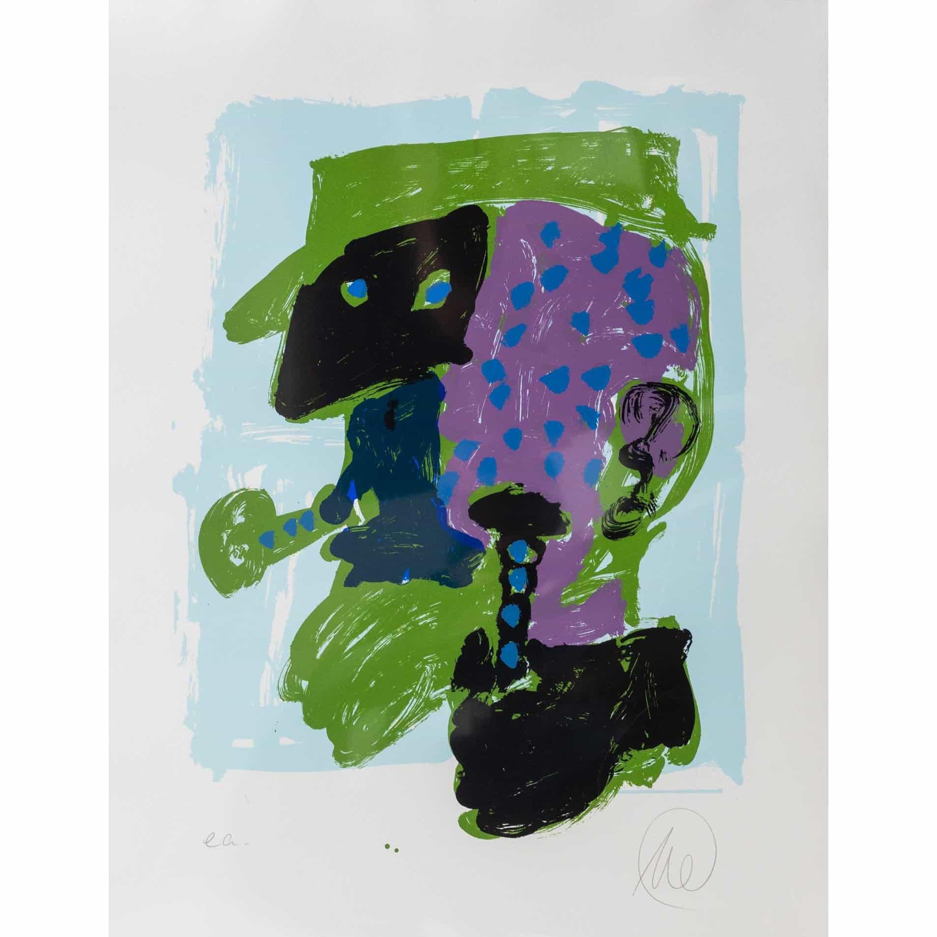 Colour serigraph on paper. Head with pipe in green and blue tones on a light blue ground. Signed lower right. Edition epreuve d'artiste.