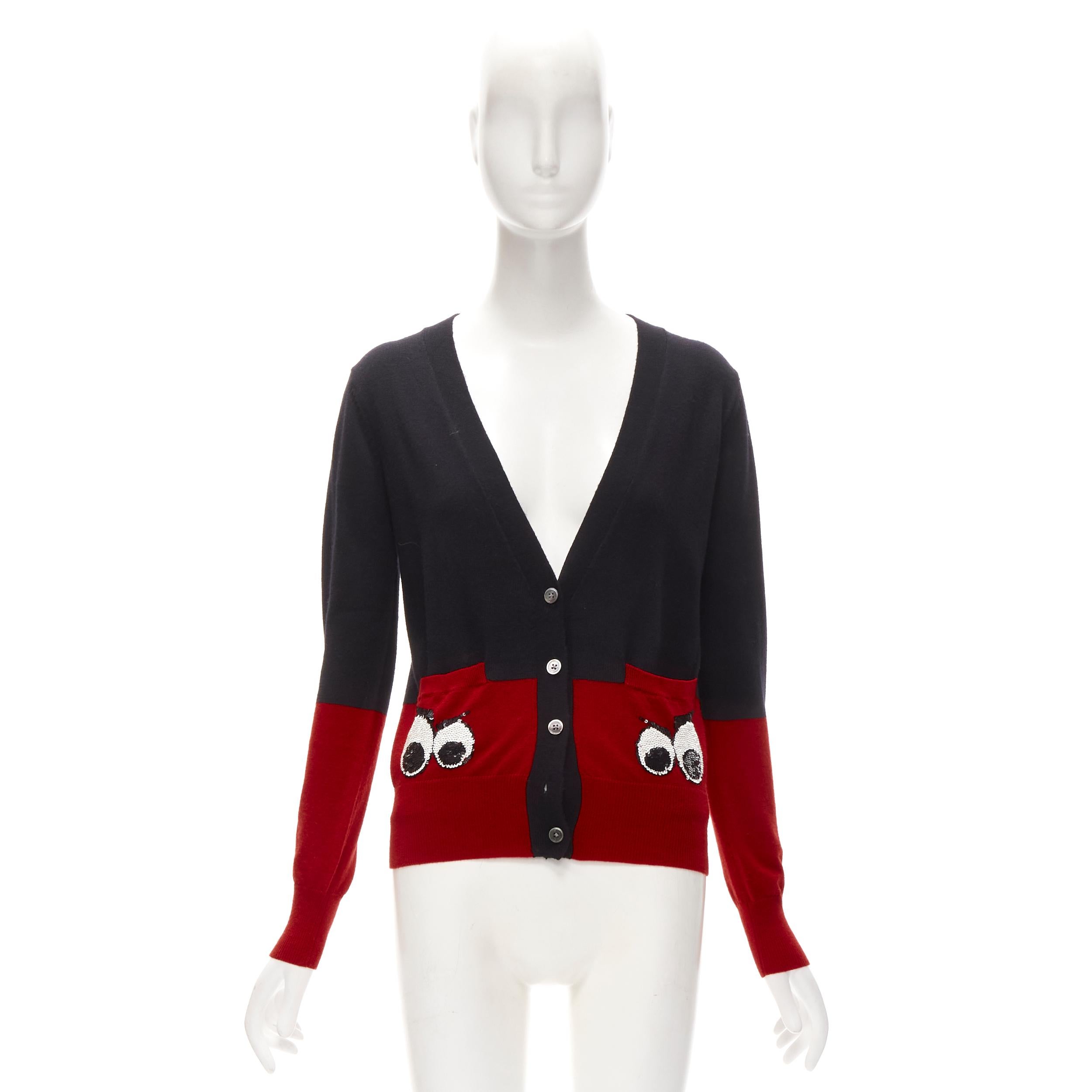 MARKUS LUPFER 100% laine mérinos noir rouge Angry Eyes cardigan à poches pailletées XS en vente 6