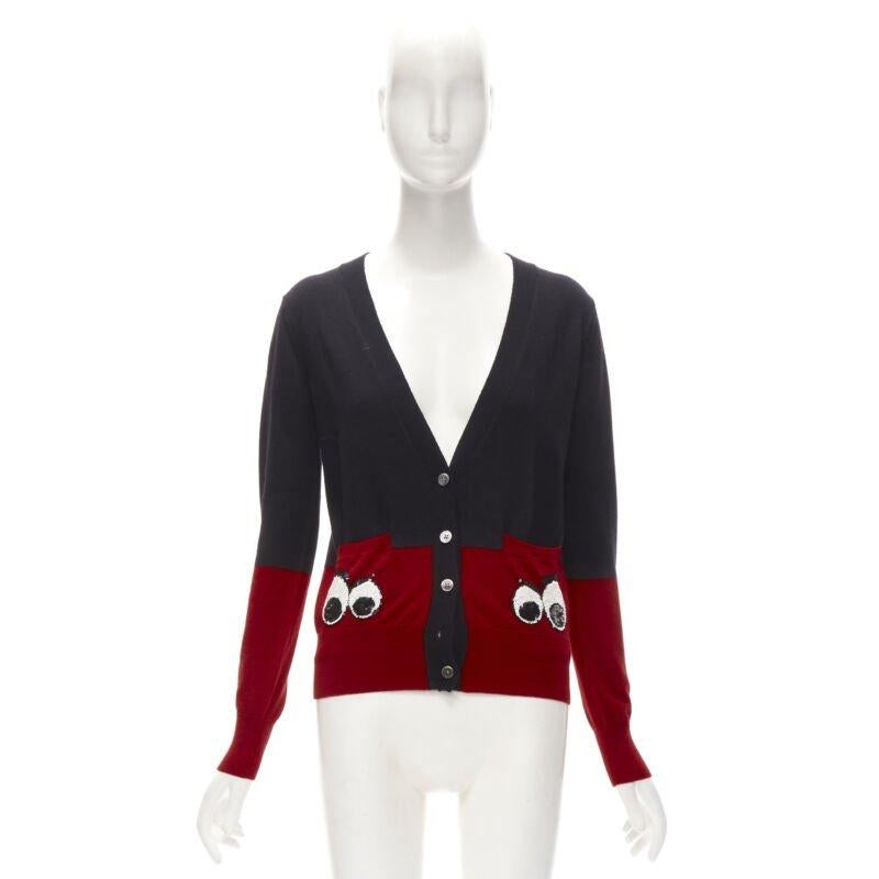 MARKUS LUPFER 100% merino wool black red Angry Eyes sequins pocket cardigan XS 6