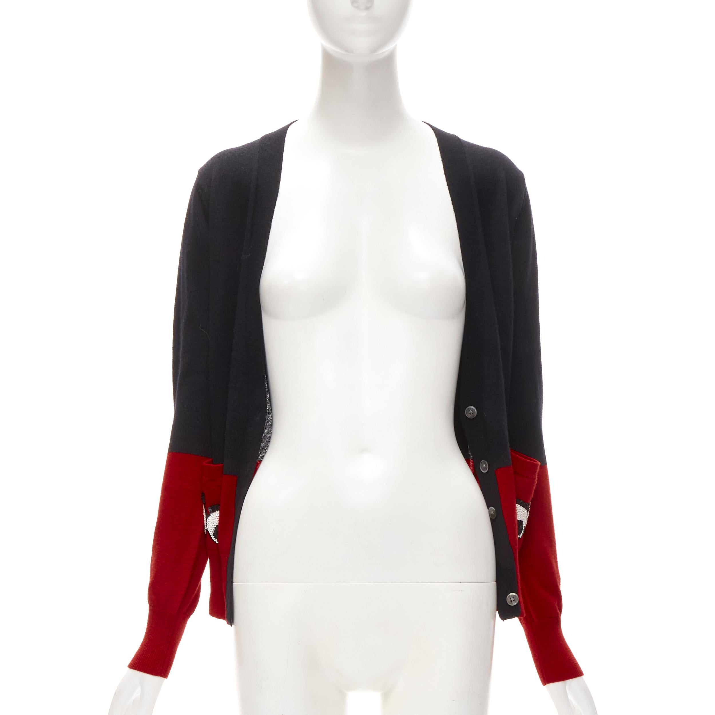 Black MARKUS LUPFER 100% merino wool black red Angry Eyes sequins pocket cardigan XS For Sale