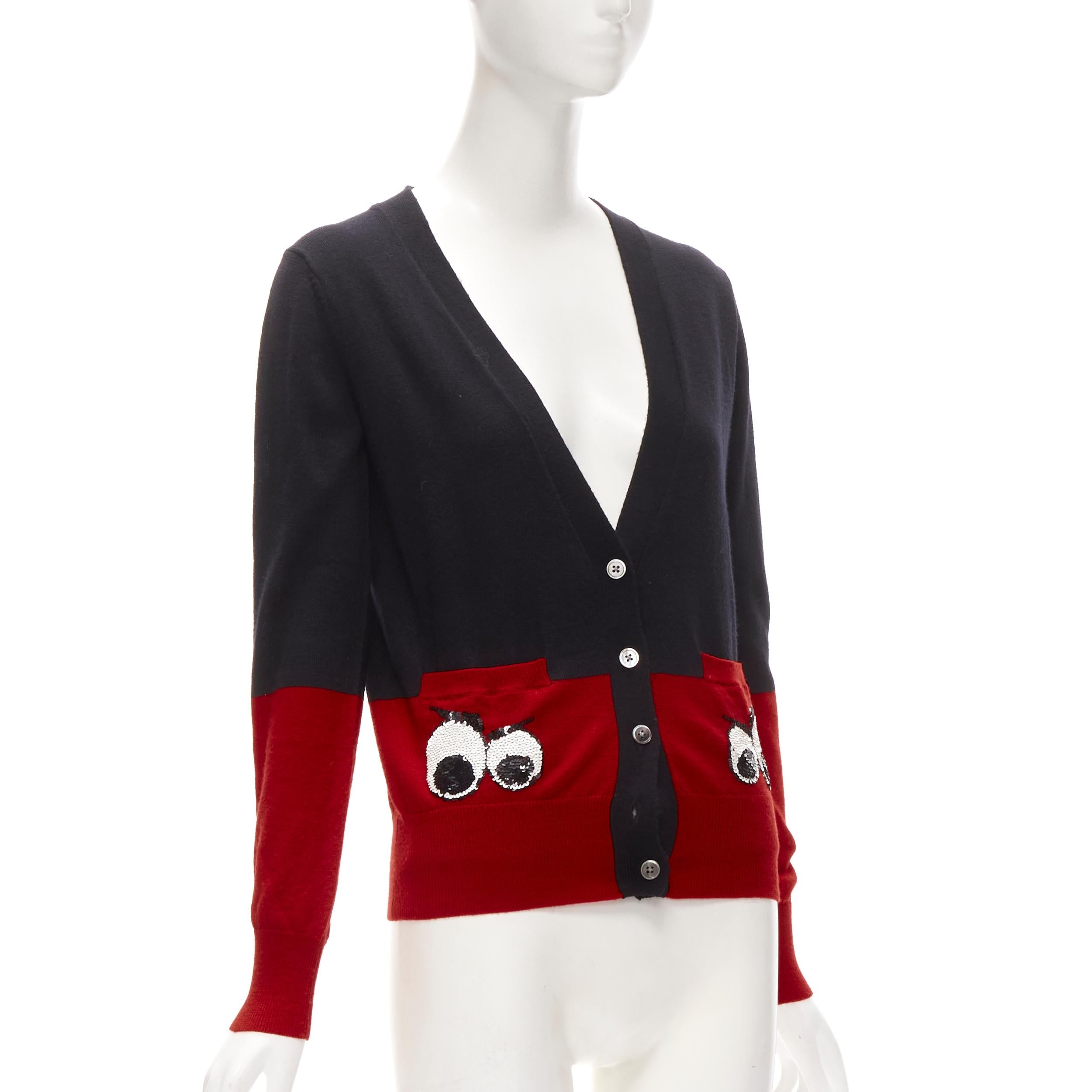 MARKUS LUPFER 100% laine mérinos noir rouge Angry Eyes cardigan à poches pailletées XS Excellent état - En vente à Hong Kong, NT
