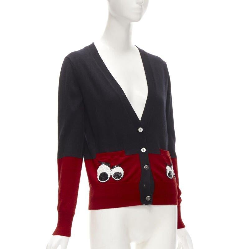 MARKUS LUPFER 100% merino wool black red Angry Eyes sequins pocket cardigan XS In Excellent Condition In Hong Kong, NT