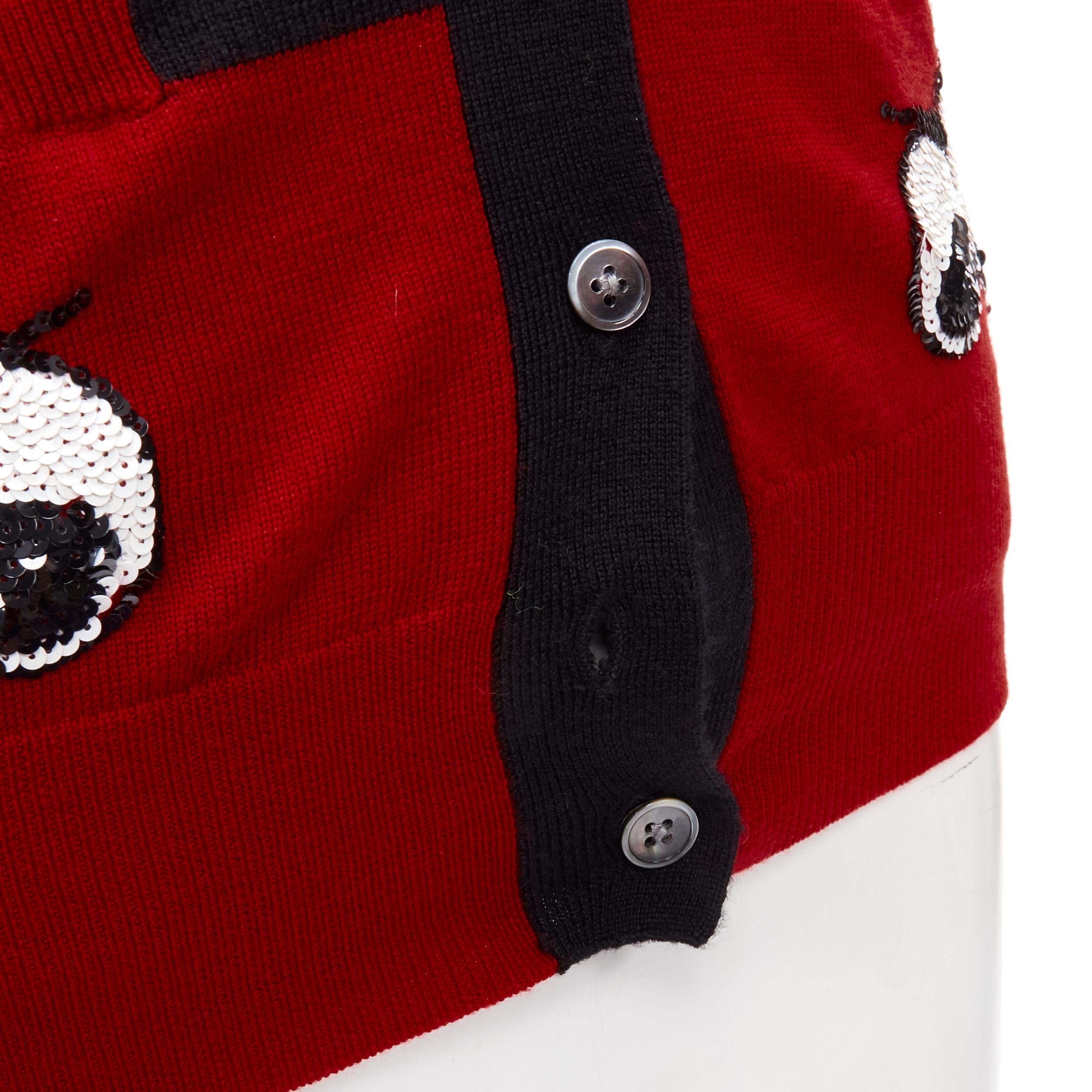 MARKUS LUPFER 100% laine mérinos noir rouge Angry Eyes cardigan à poches pailletées XS en vente 3