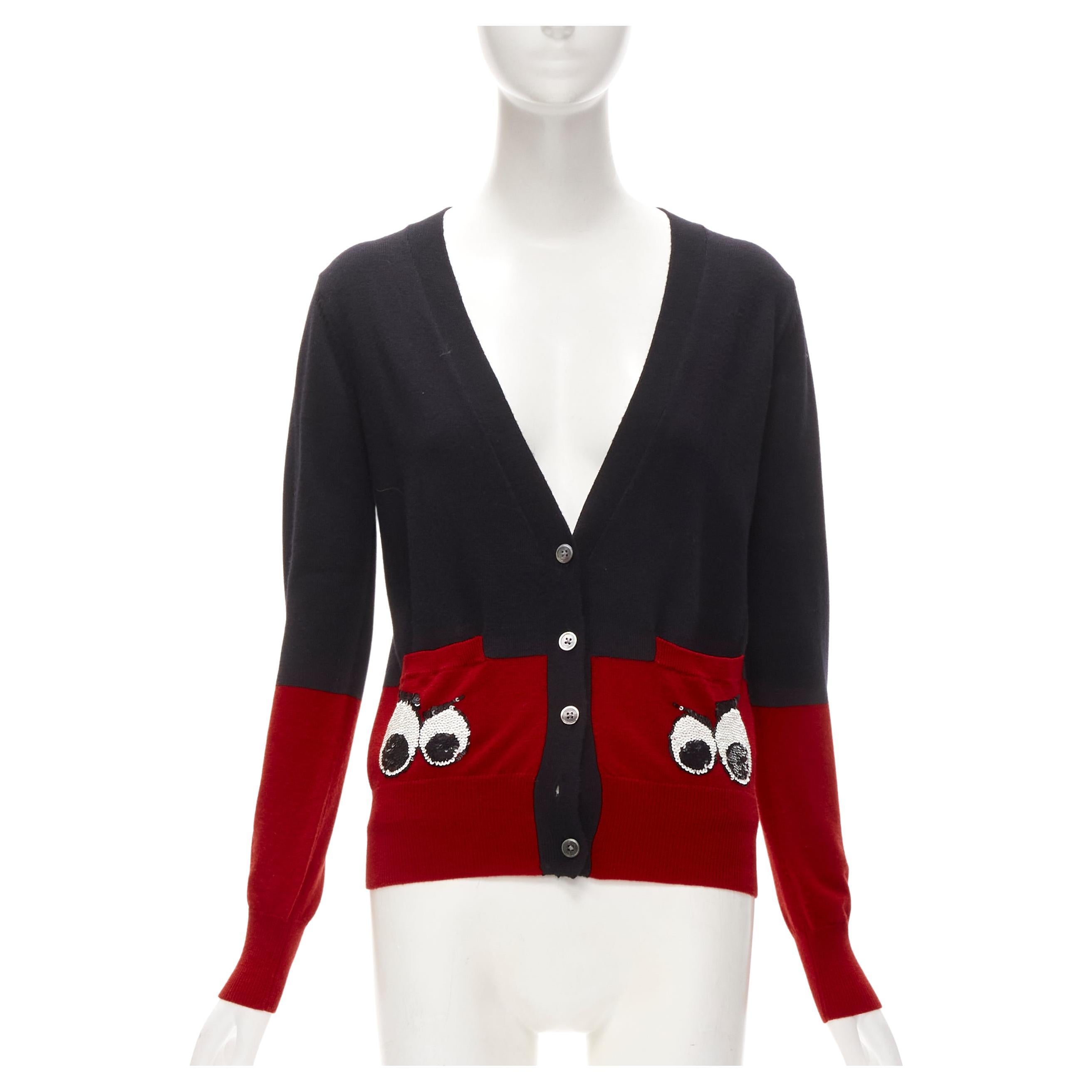 MARKUS LUPFER 100% merino wool black red Angry Eyes sequins pocket cardigan XS For Sale