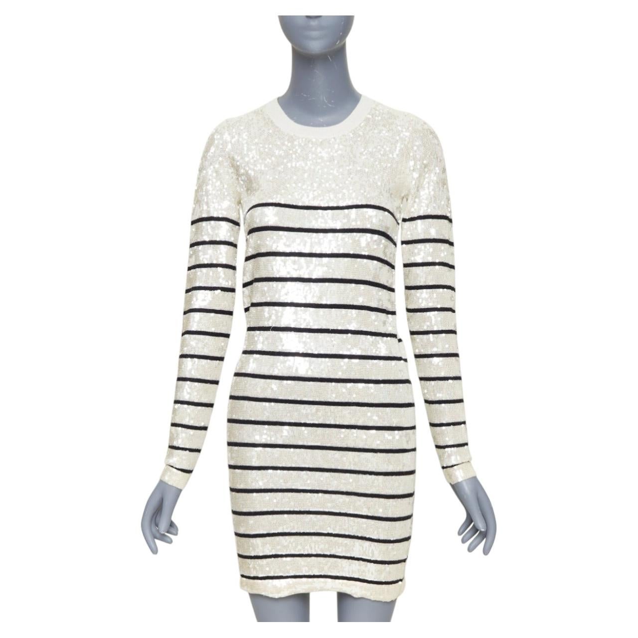 MARKUS LUPFER 100% merino wool cream black striped sequinned knit dress S