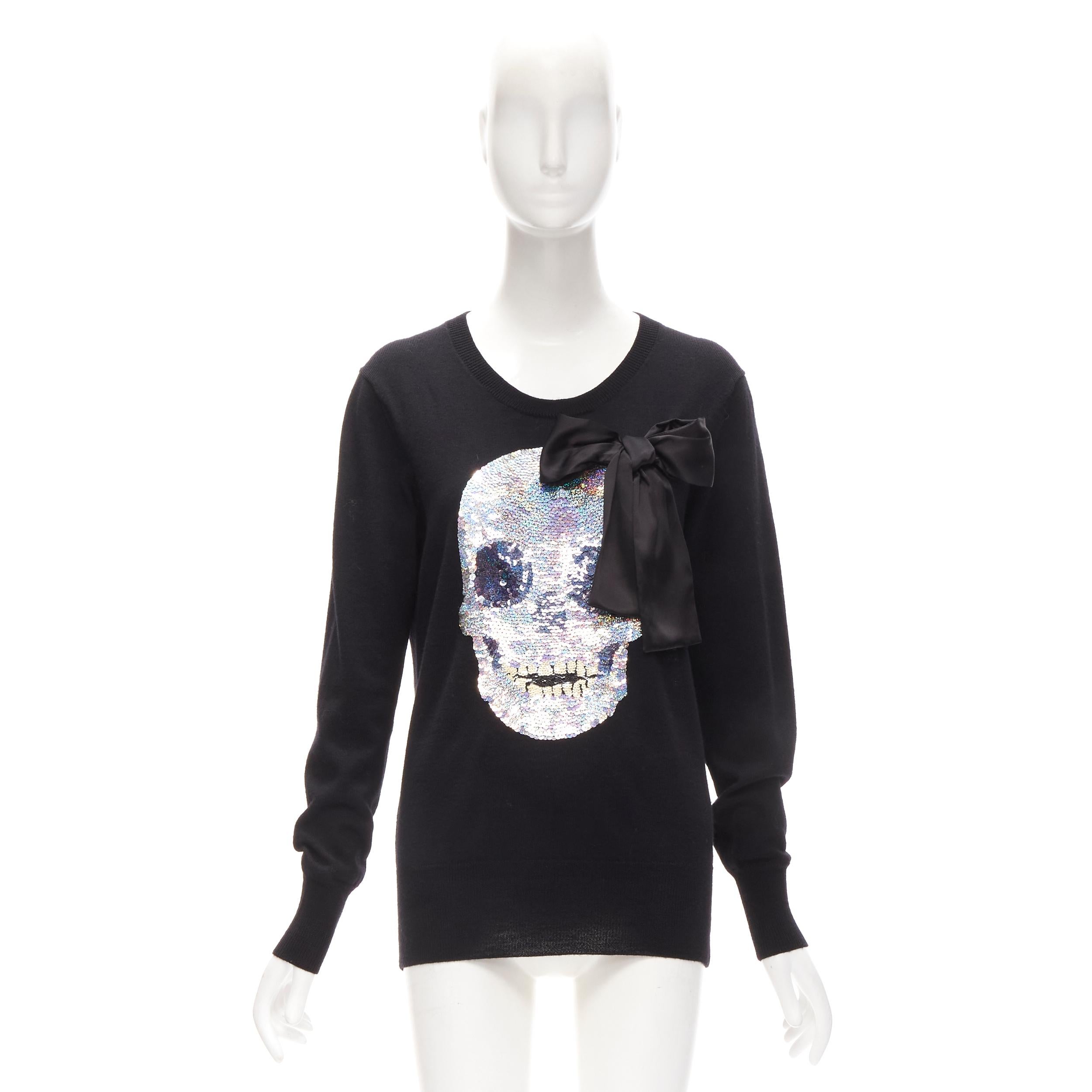 MARKUS LUPFER black holographic silver skull bow sweater S For Sale 4