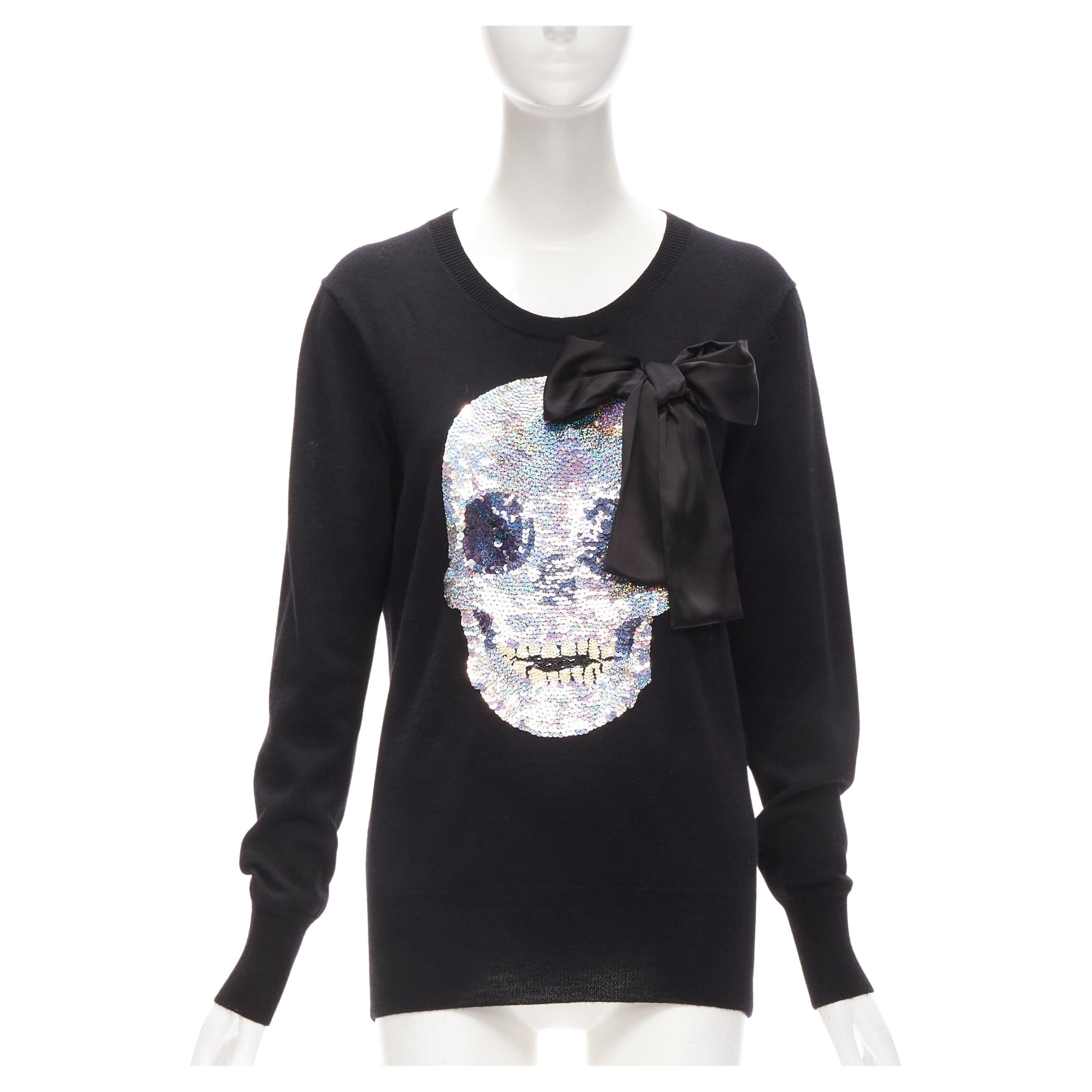 MARKUS LUPFER black holographic silver skull bow sweater S For Sale